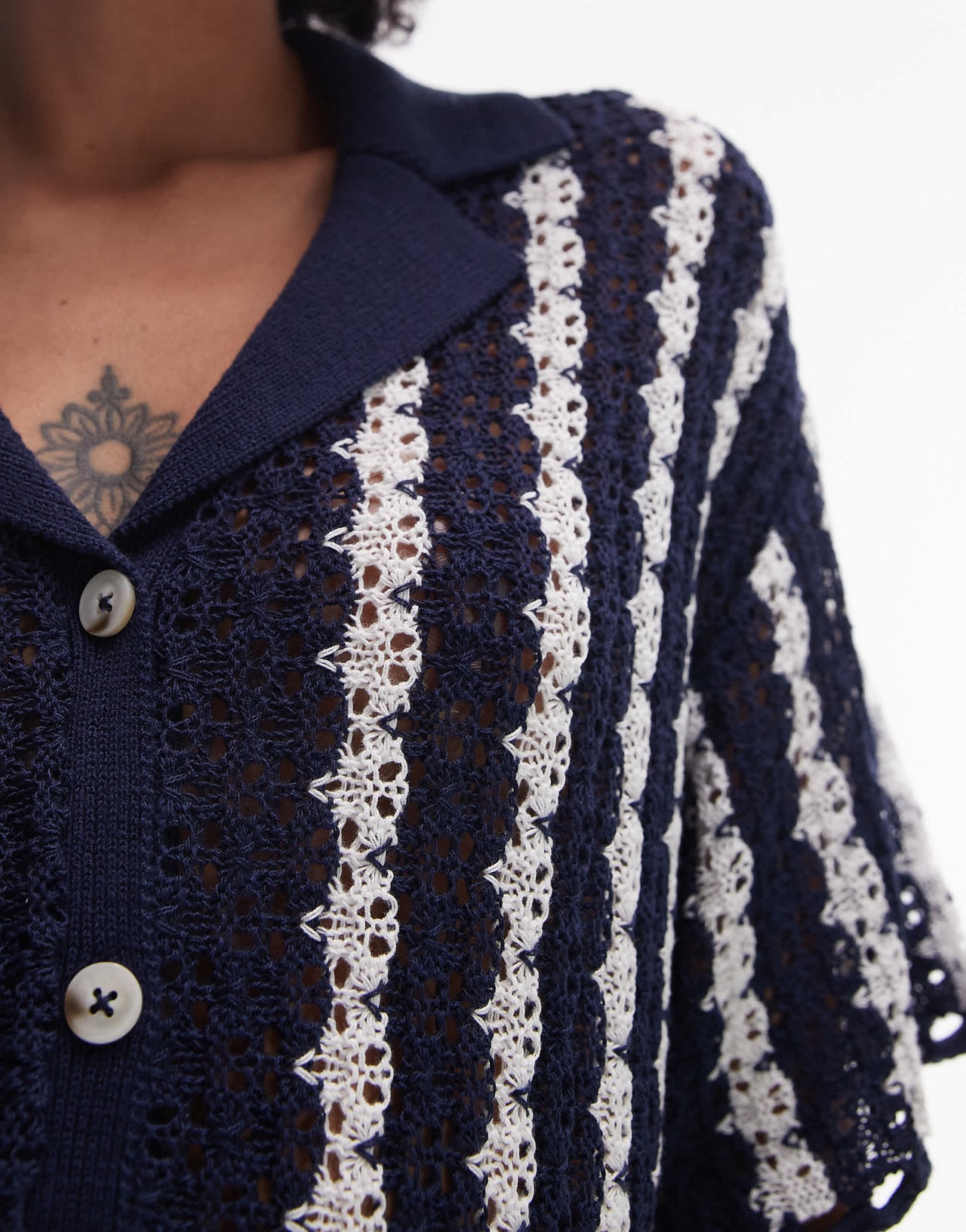 Topshop knitted stitchy stripe co-ord shirt in blue and ivory