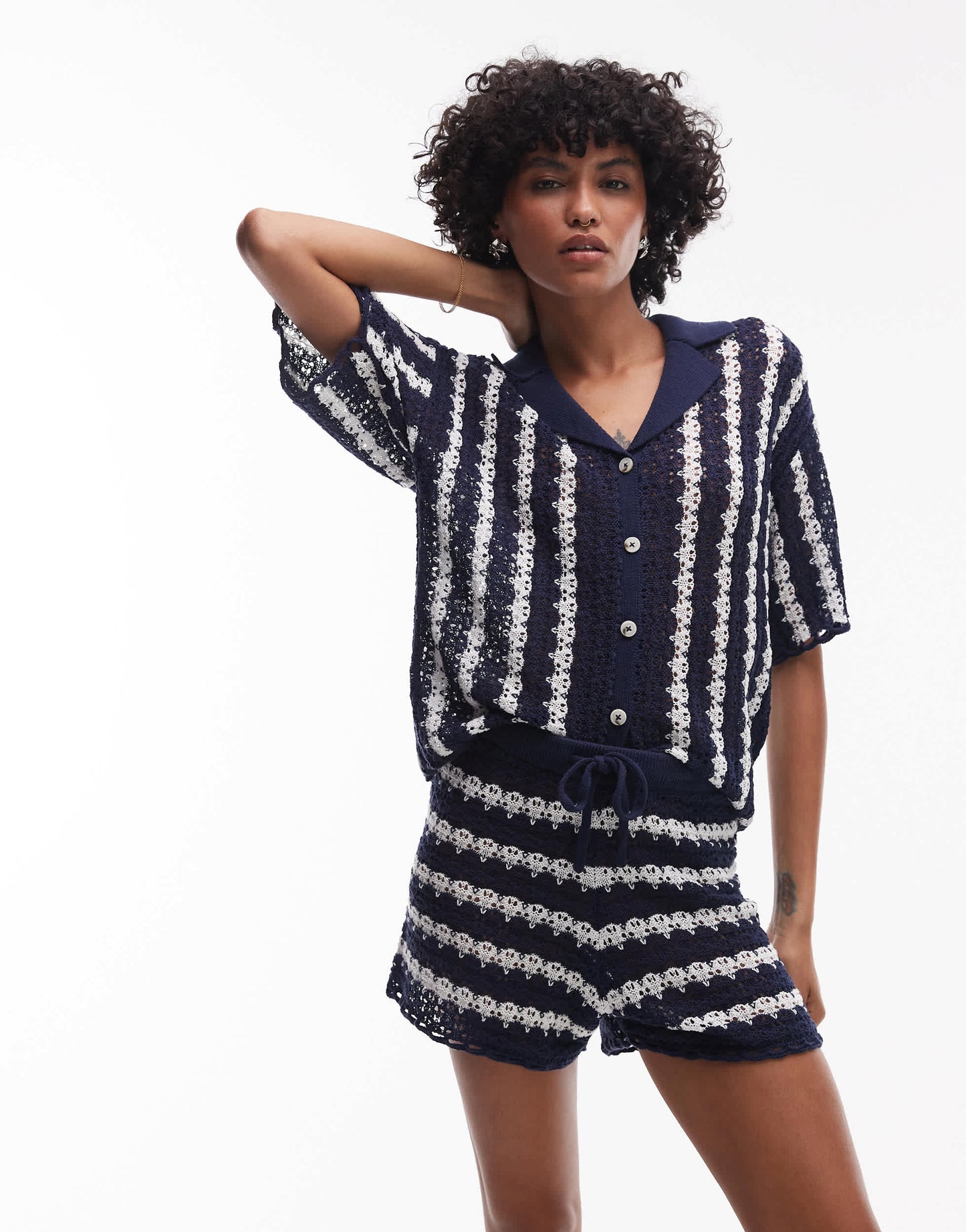 Topshop knitted stitchy stripe co-ord short in blue and ivory