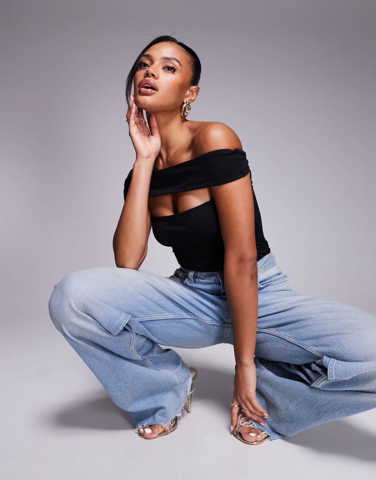 Oh Polly Lida off shoulder cut-out bodysuit in black