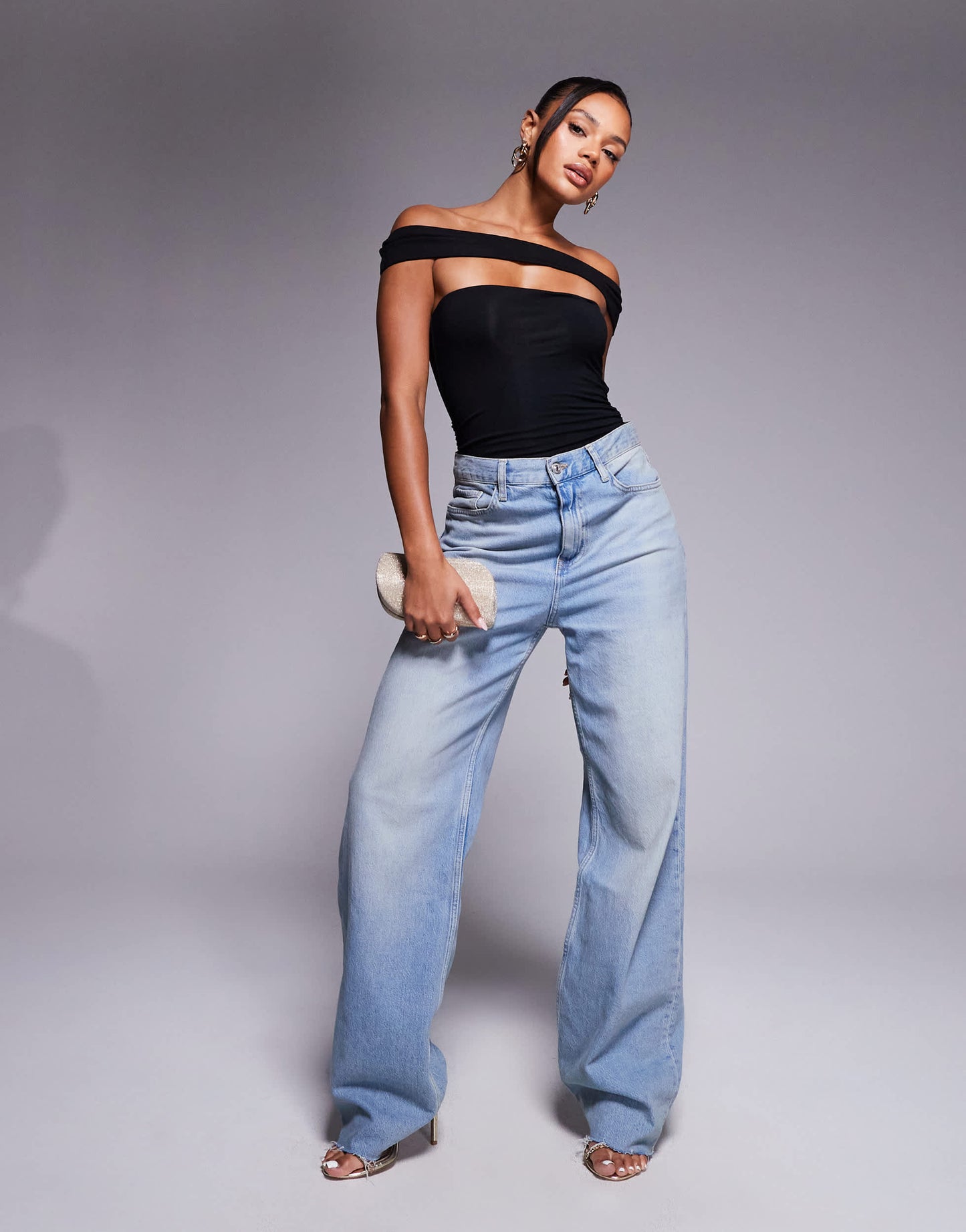 Oh Polly Lida off shoulder cut-out bodysuit in black