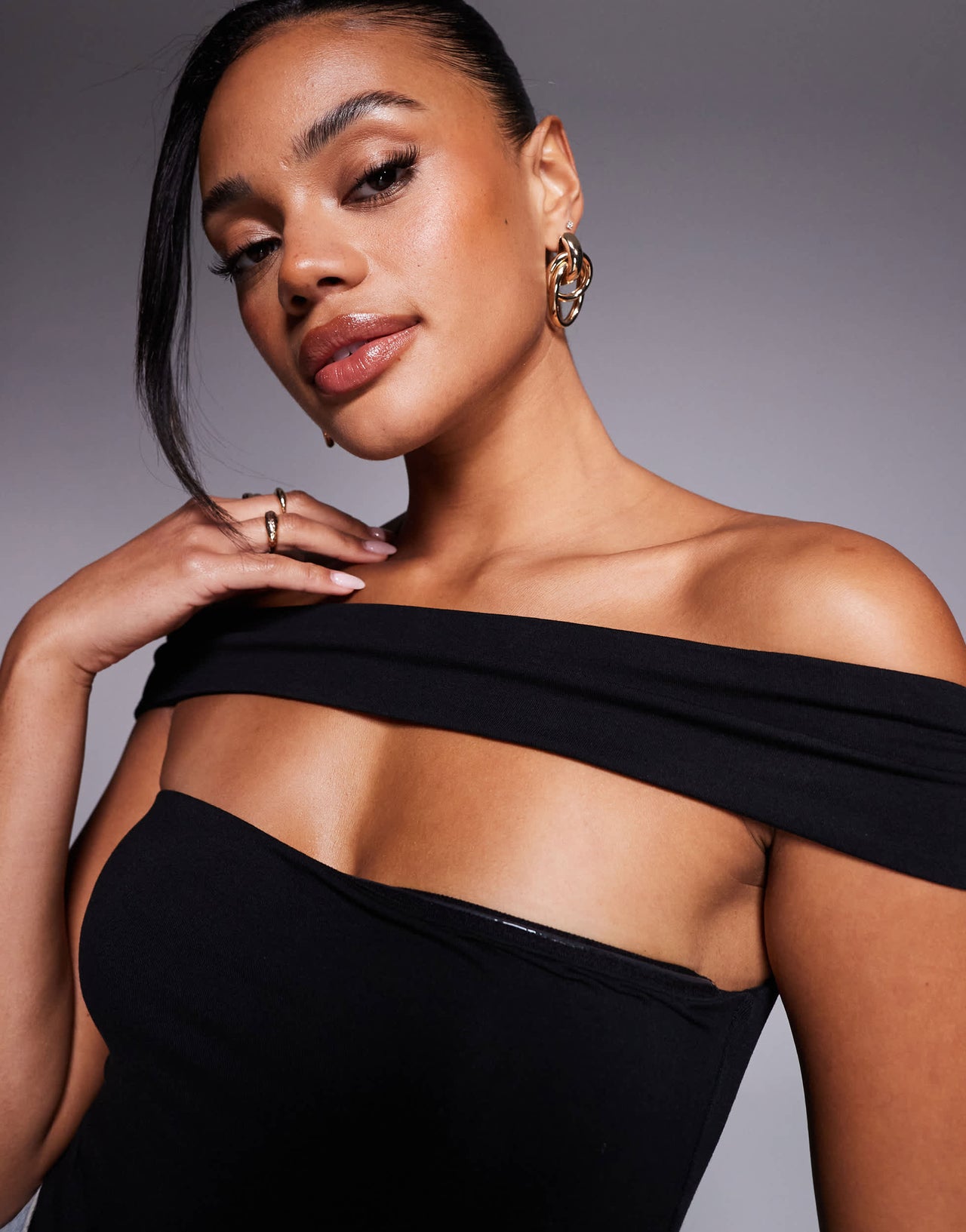 Oh Polly Lida off shoulder cut-out bodysuit in black