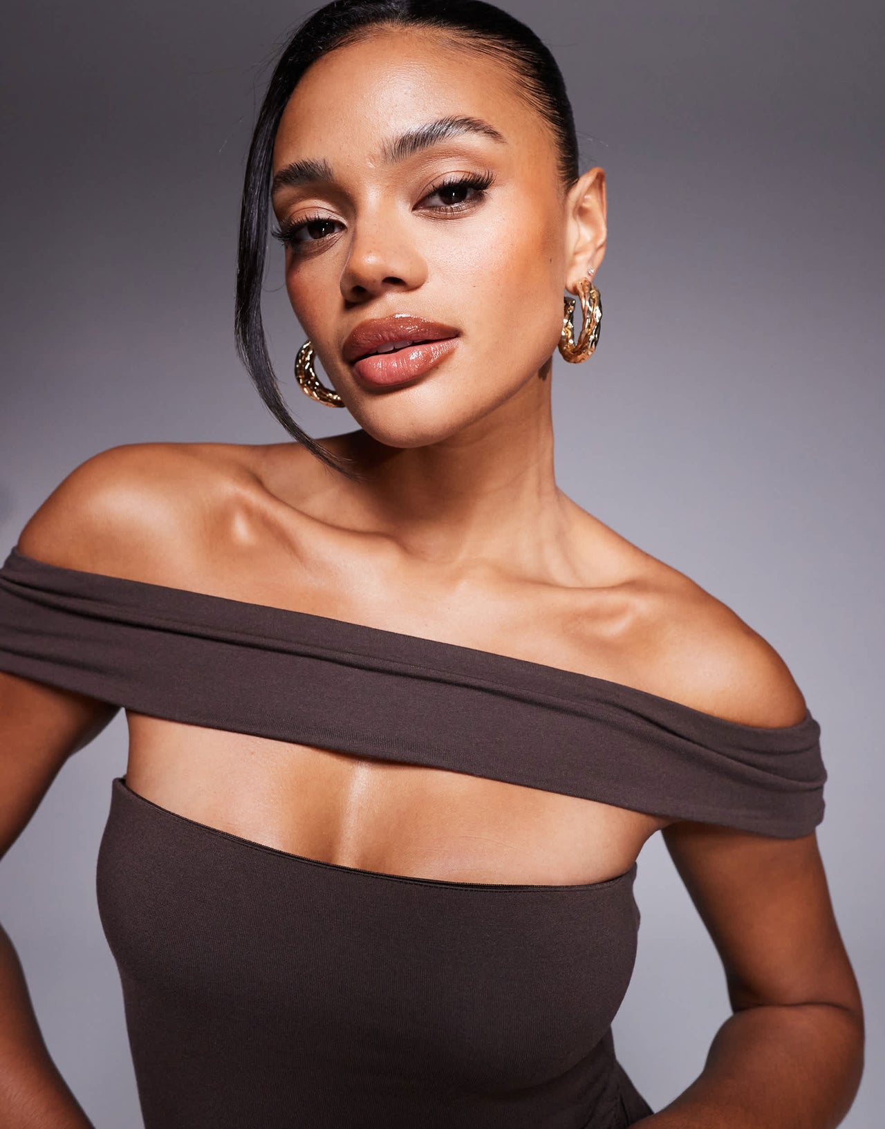 Oh Polly Lida off shoulder cut-out bodysuit in chocolate brown