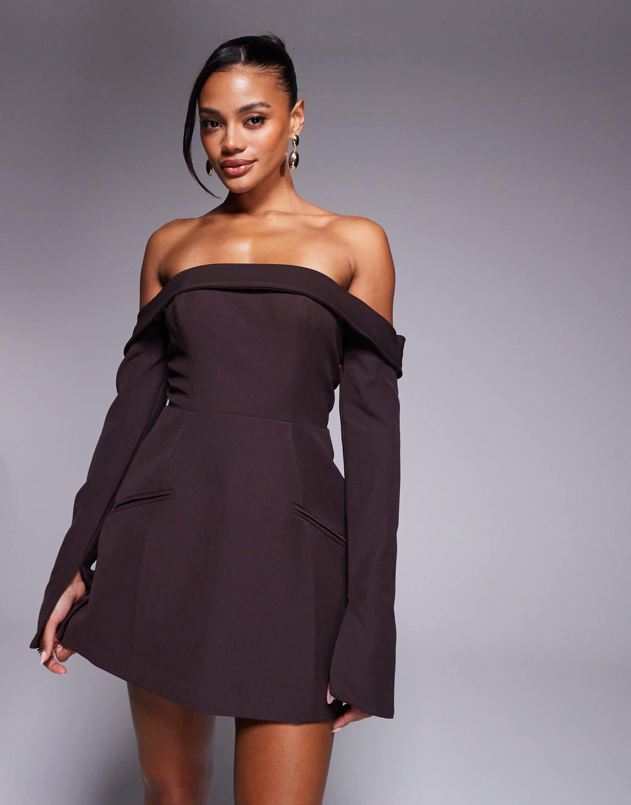 Oh Polly Seraphina bardot structured mini dress with pockets in chocolate brown