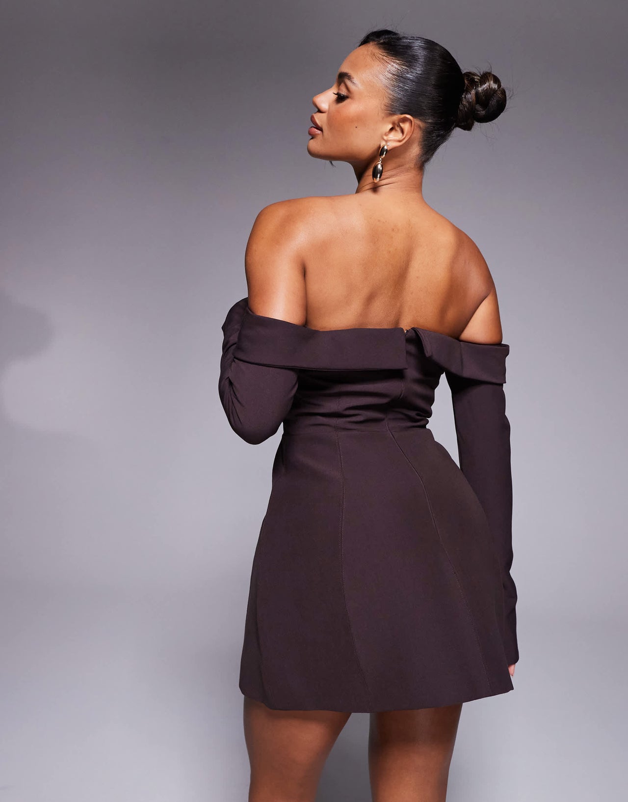 Oh Polly Seraphina bardot structured mini dress with pockets in chocolate brown
