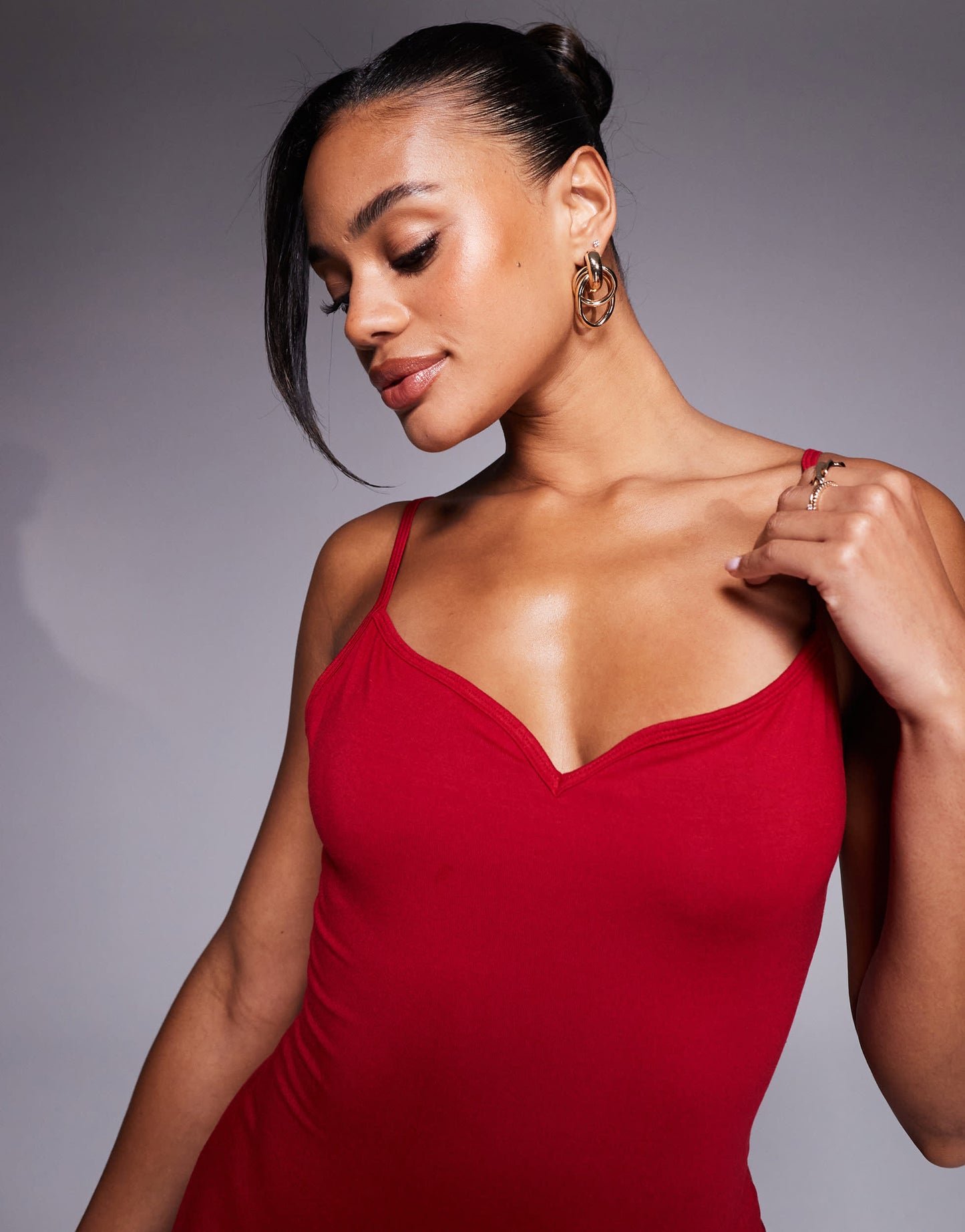 Oh Polly Carwen sweetheart jersey open back midaxi dress in red