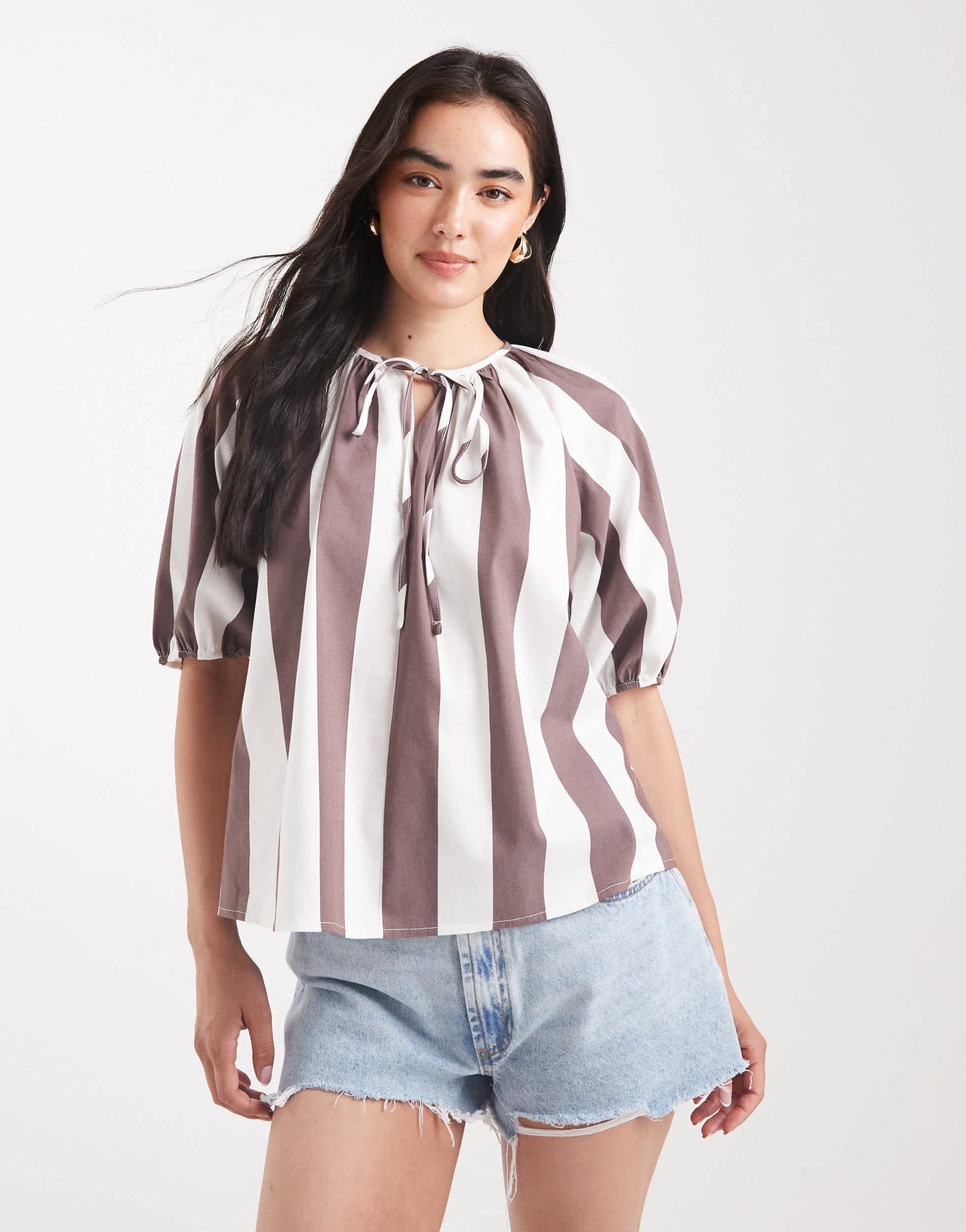 ASOS DESIGN puff sleeve tie detail blouse in stripe