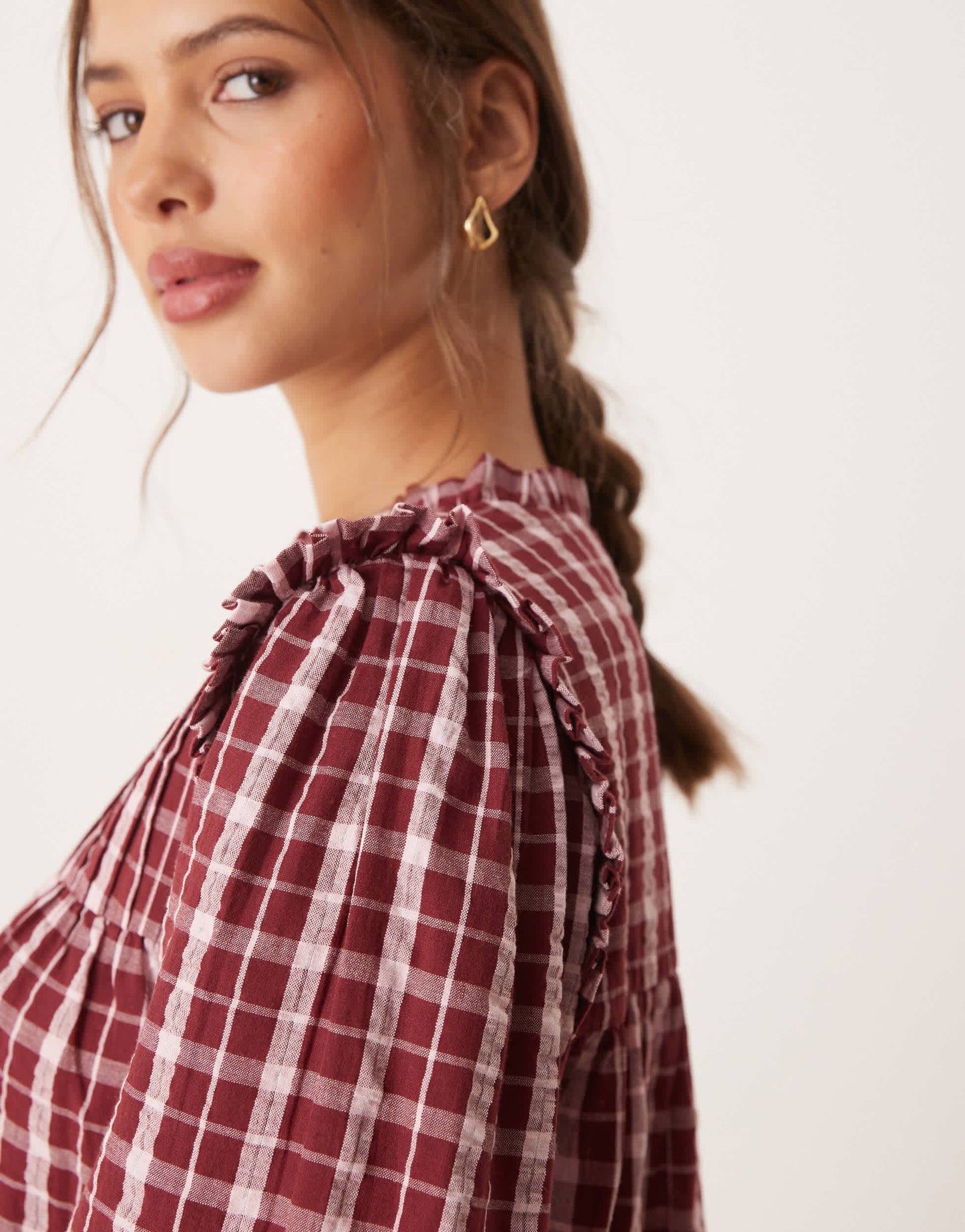 Neon Rose high neck textured check mini smock dress in burgundy & pink