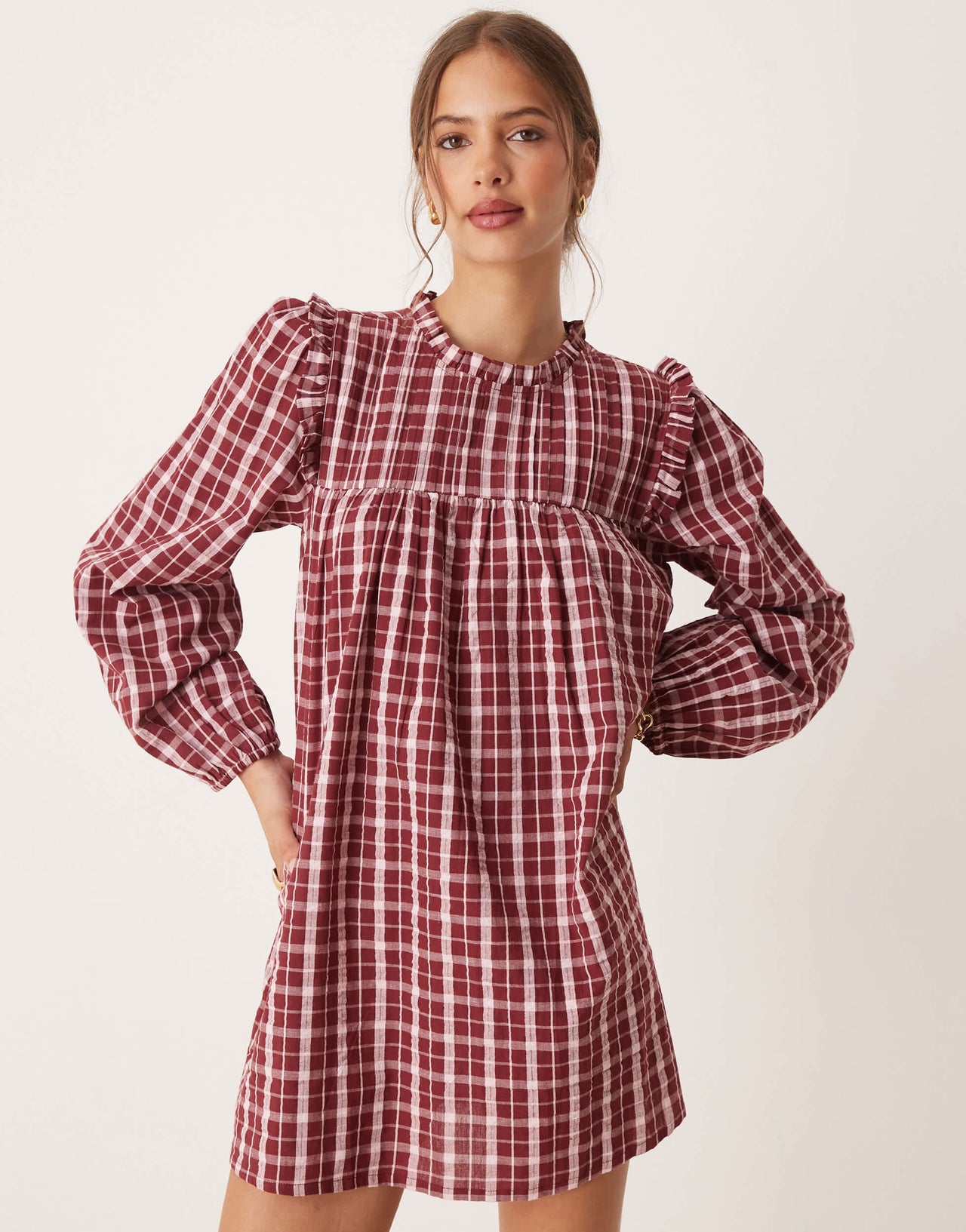 Neon Rose high neck textured check mini smock dress in burgundy & pink
