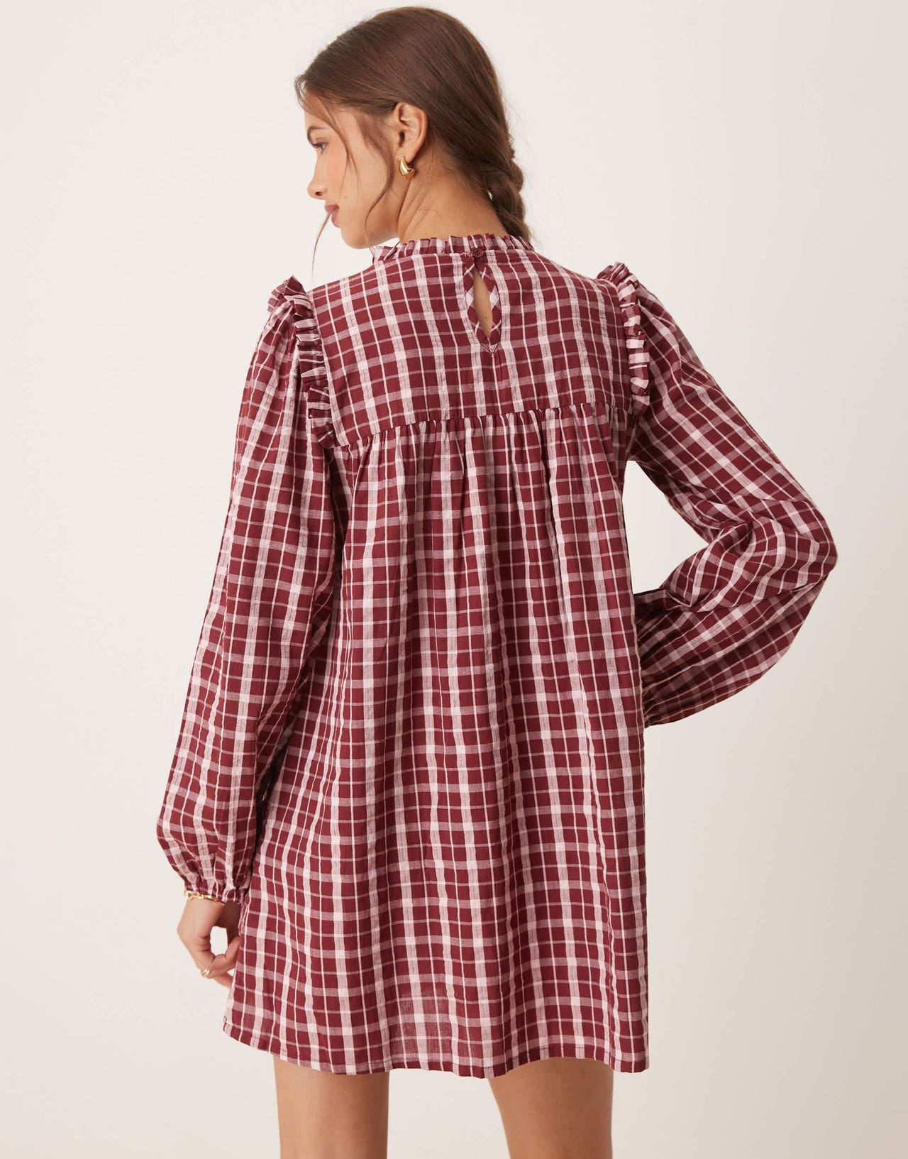 Neon Rose high neck textured check mini smock dress in burgundy & pink