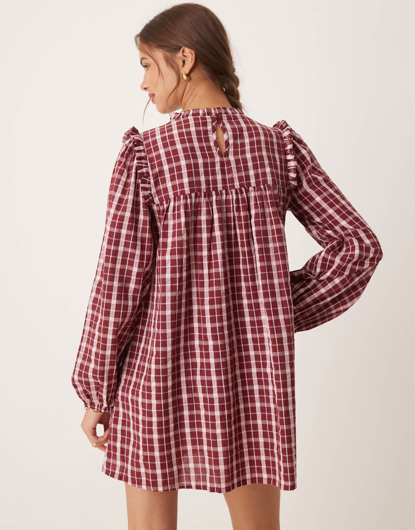 Neon Rose high neck textured check mini smock dress in burgundy & pink