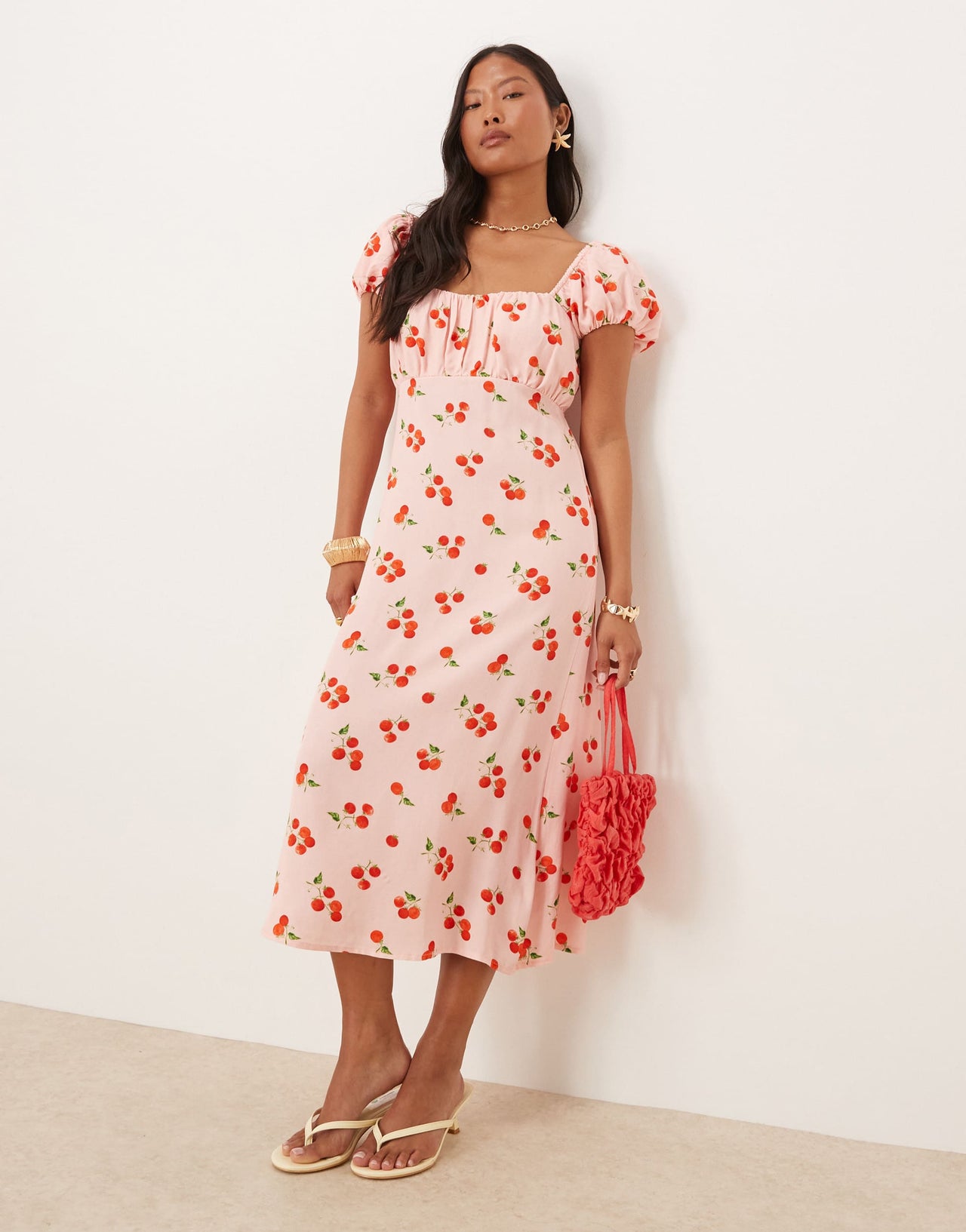 Nobody's Child Petite Raven puff sleeve midi dress in tomato print