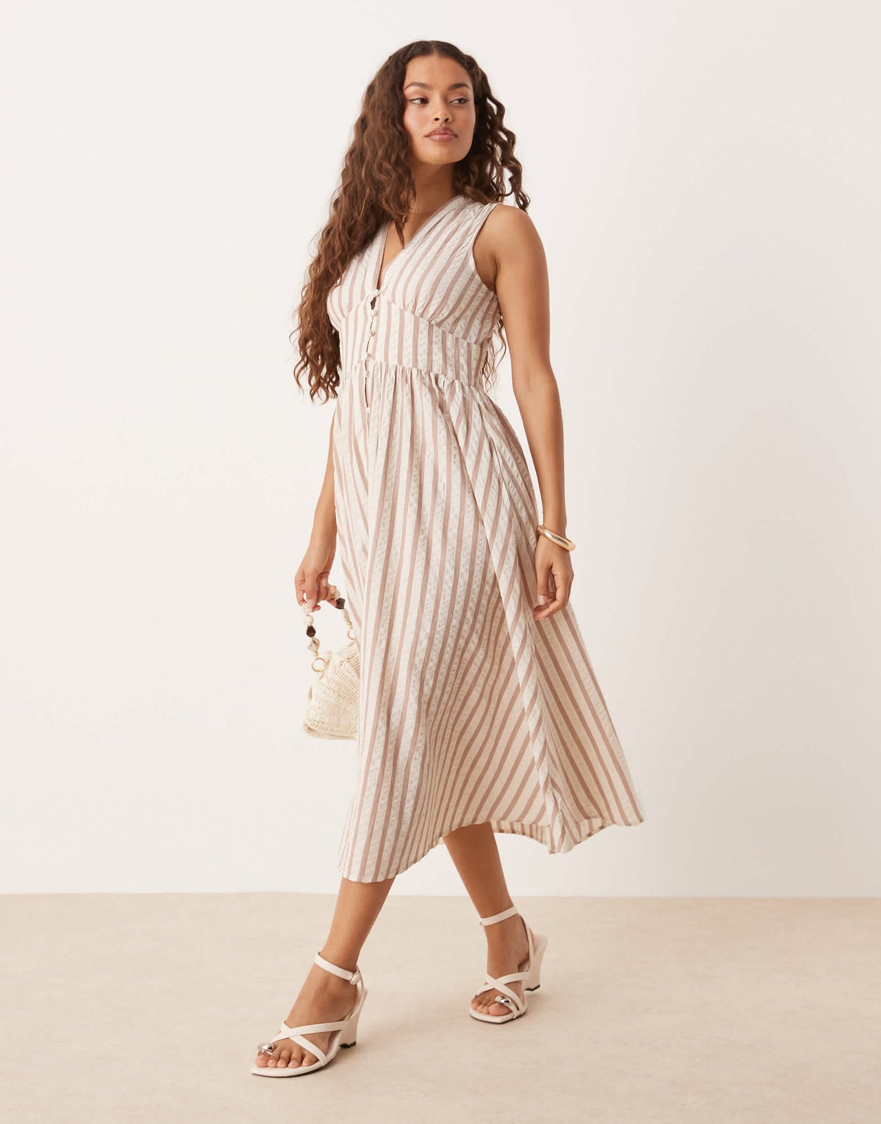 Nobody's Child Petite Starlight sleeveless midi dress in neutral stripe