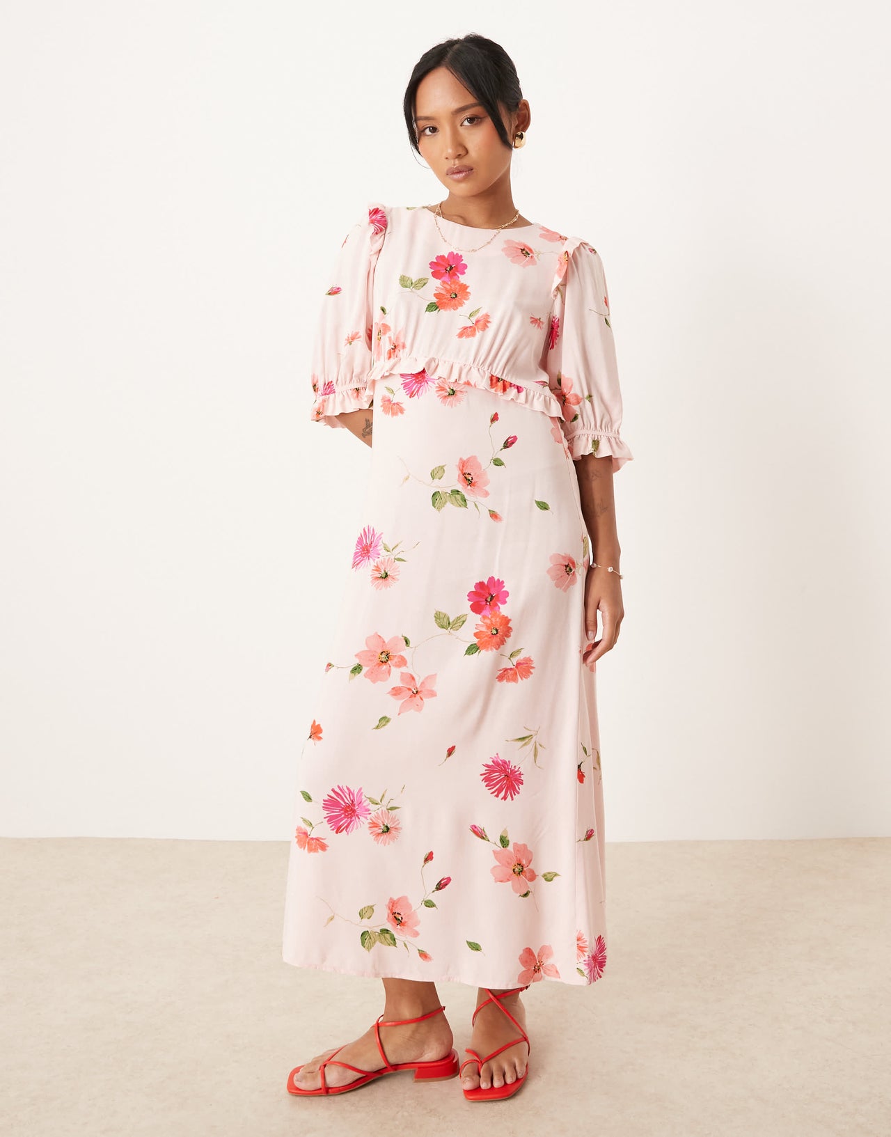 Nobody's Child Petite Felicia ruffle detail midi dress in pink floral