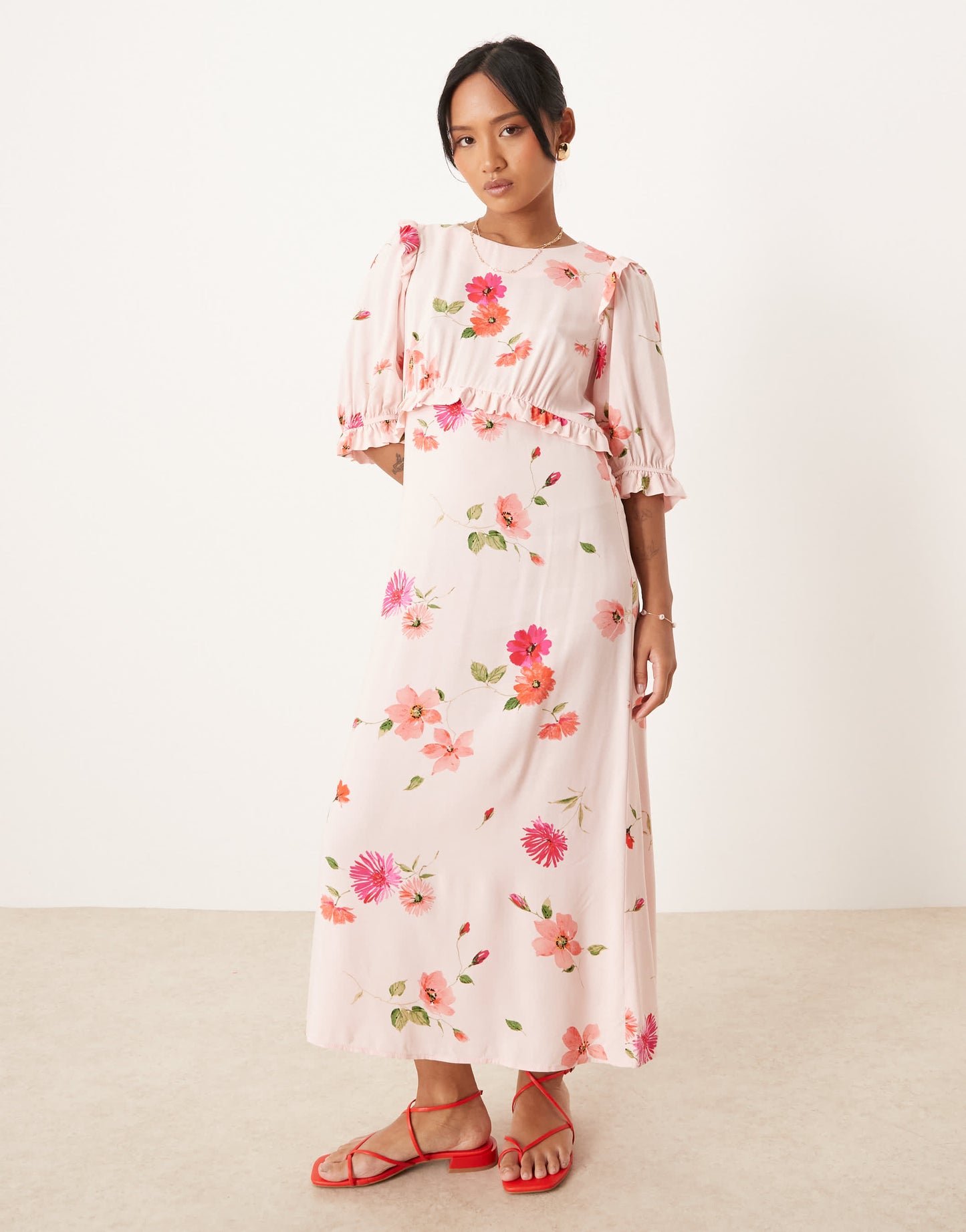 Nobody's Child Petite Felicia ruffle detail midi dress in pink floral