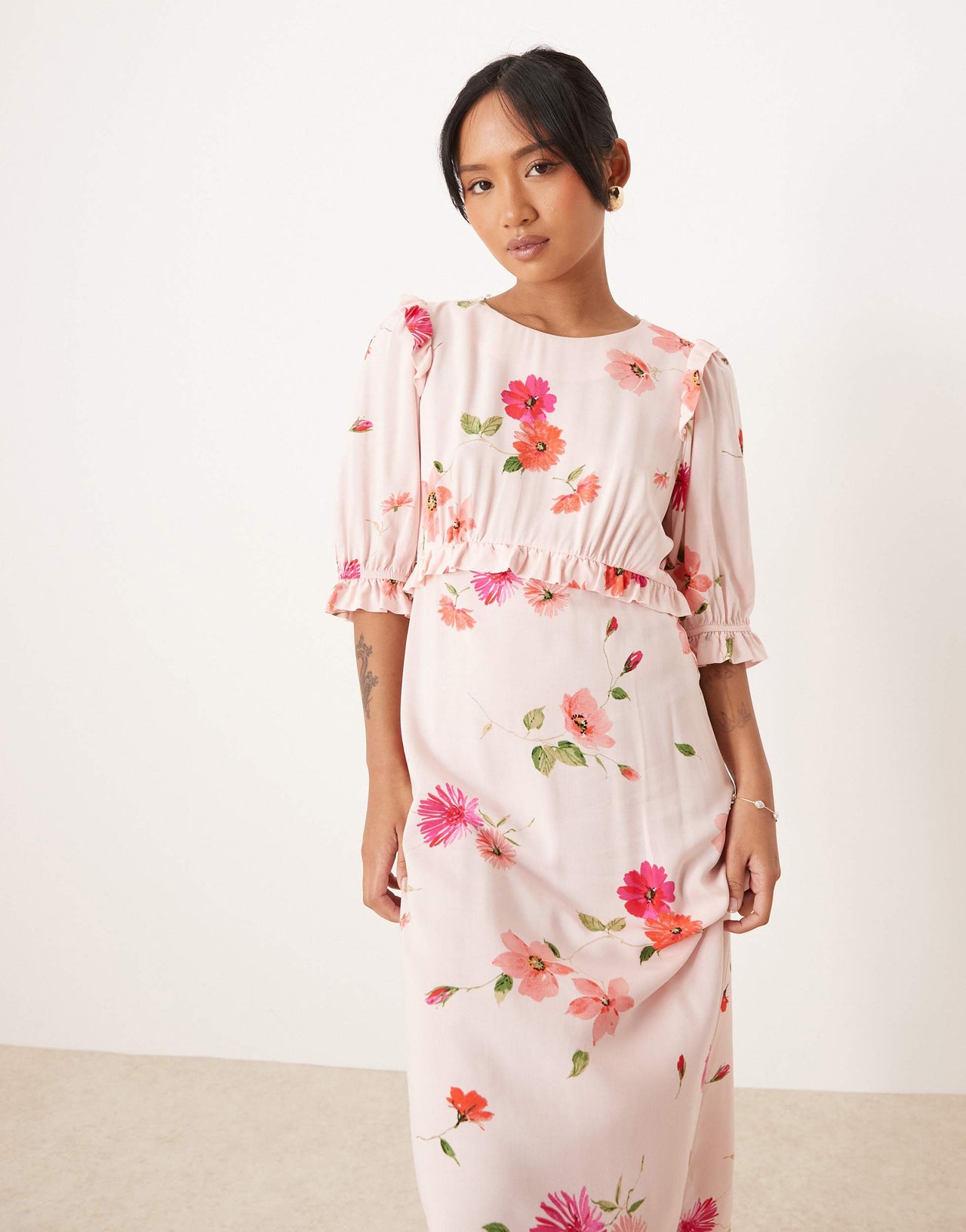 Nobody's Child Petite Felicia ruffle detail midi dress in pink floral