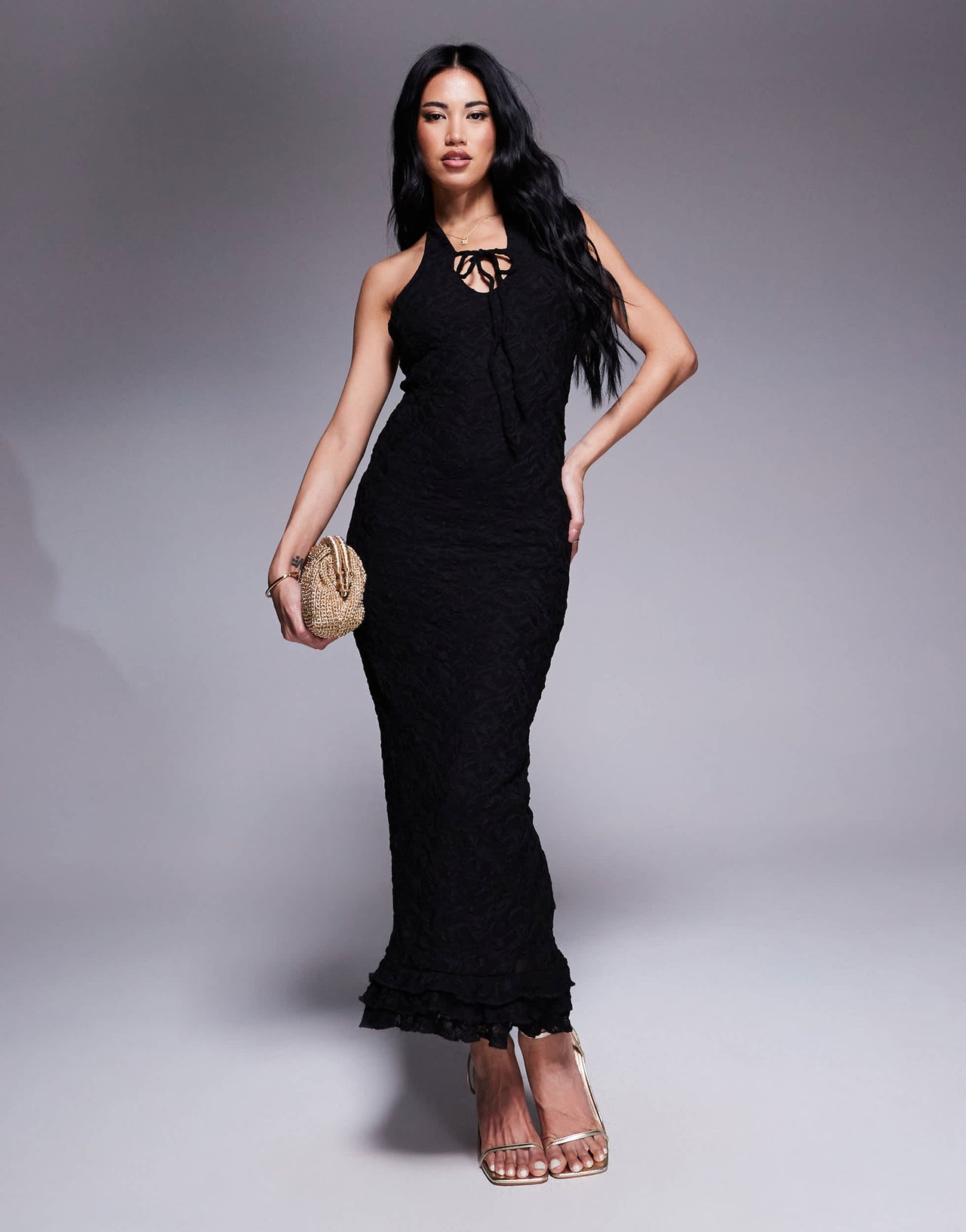 ASOS DESIGN lace plunge maxi dress with frill hem in black