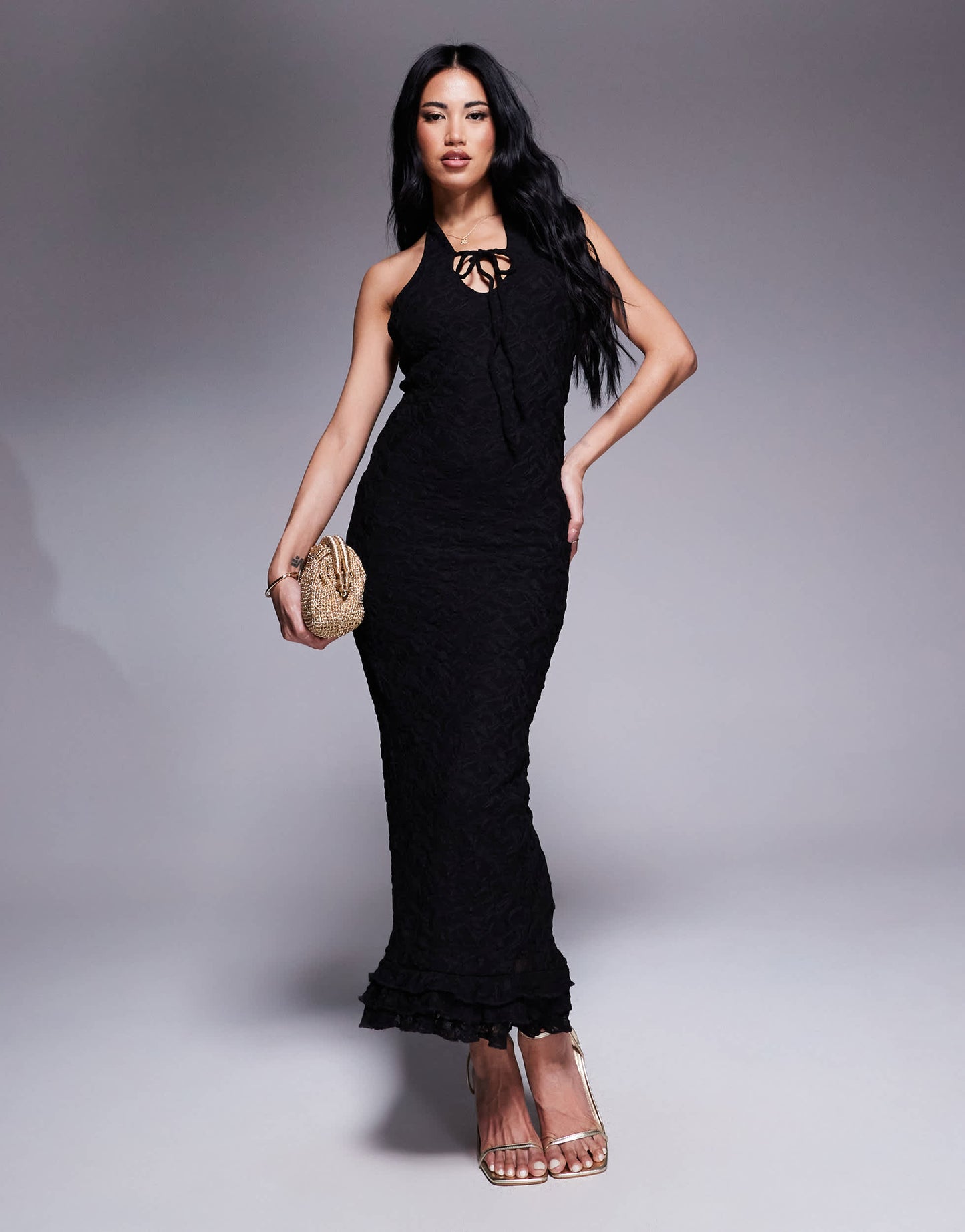 ASOS DESIGN lace plunge maxi dress with frill hem in black