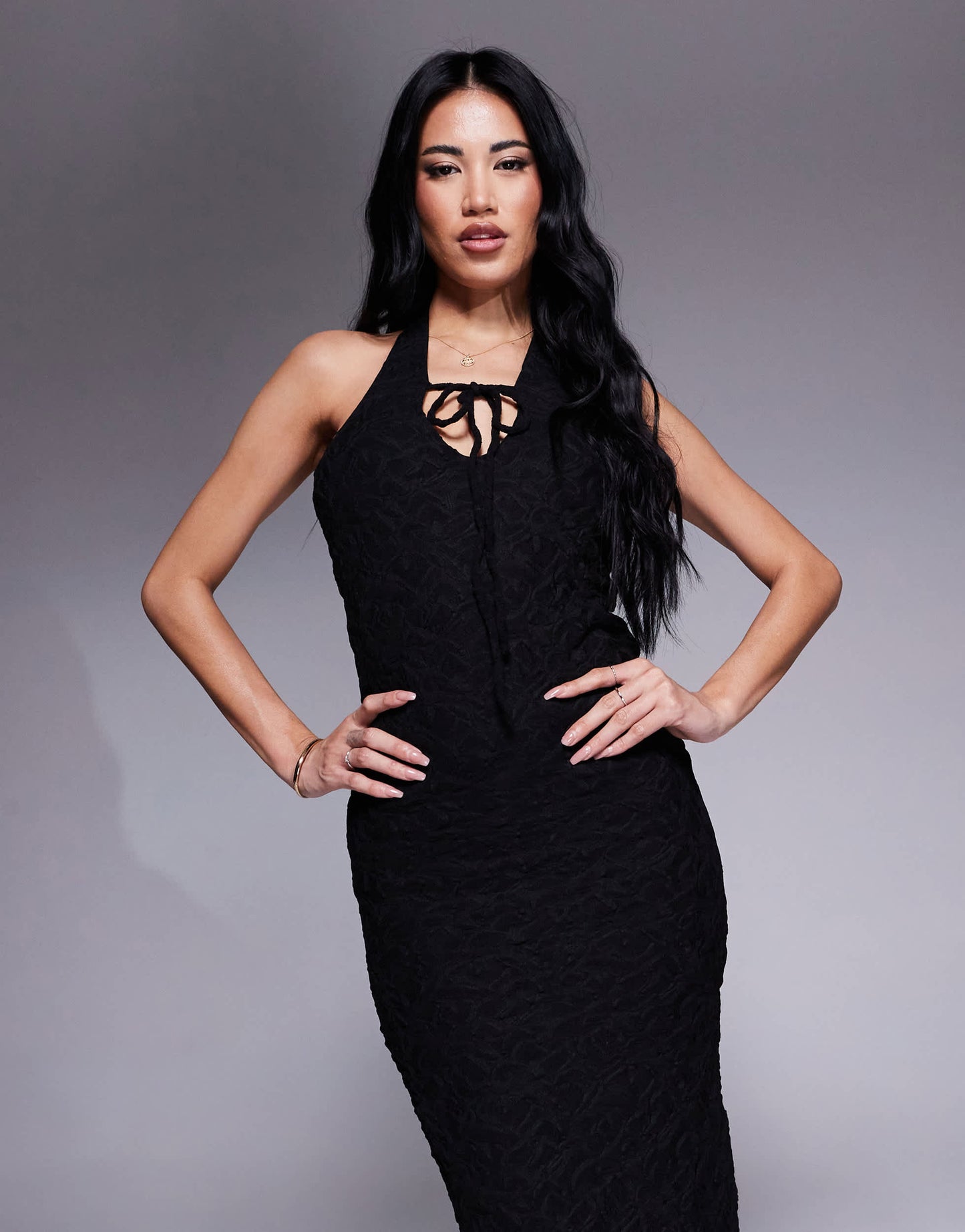 ASOS DESIGN lace plunge maxi dress with frill hem in black