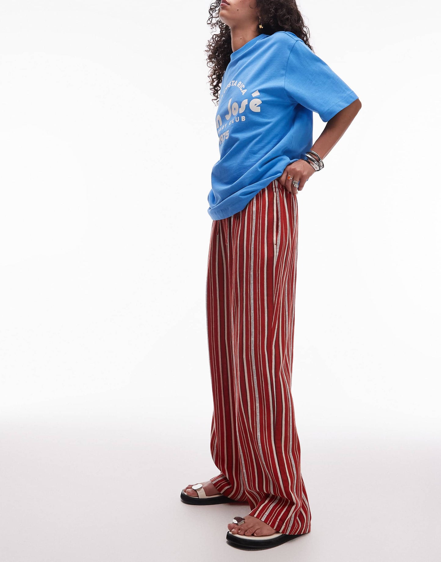 Topshop linen straight trouser in red and white stripe