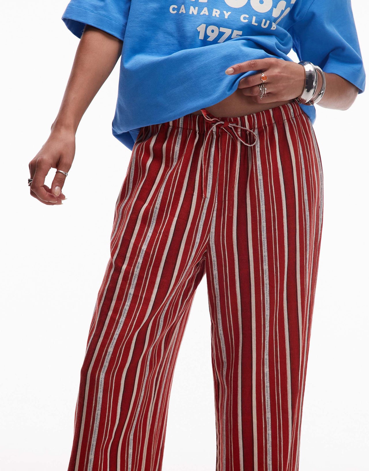 Topshop linen straight trouser in red and white stripe