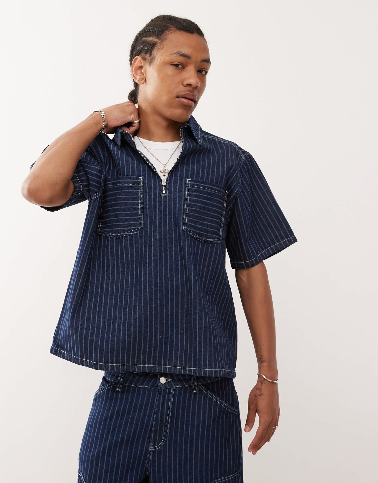 Reclaimed Vintage denim pinstripe boxy shirt co-ord with zip detail in blue