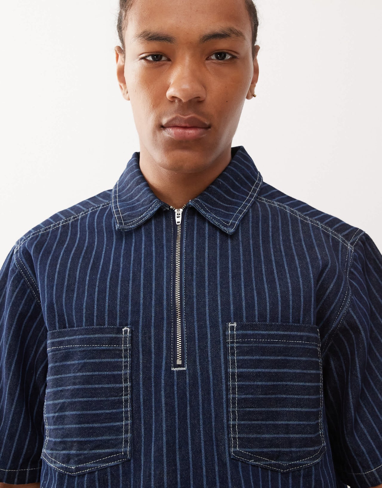 Reclaimed Vintage denim pinstripe boxy shirt co-ord with zip detail in blue