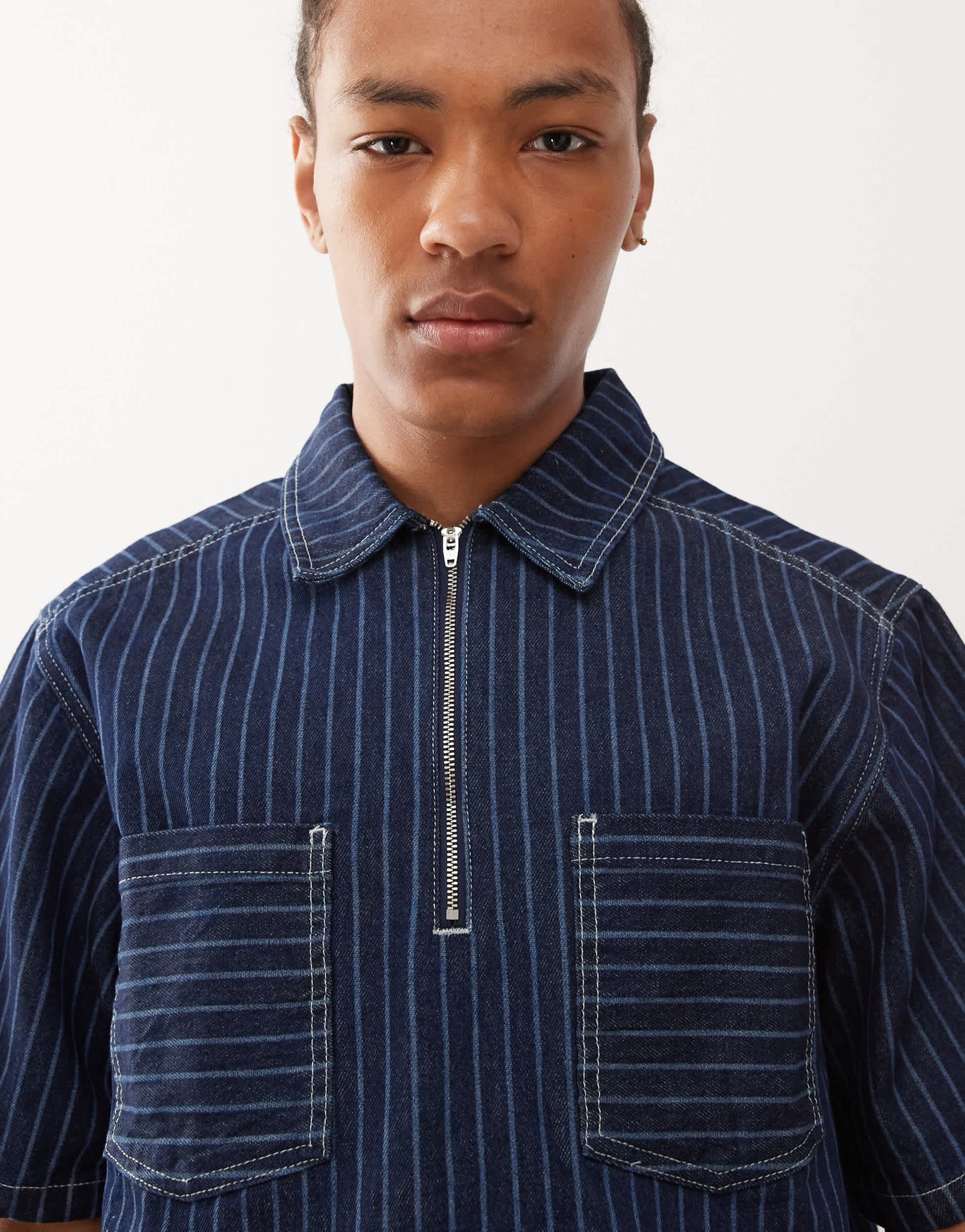 Reclaimed Vintage denim pinstripe boxy shirt co-ord with zip detail in blue