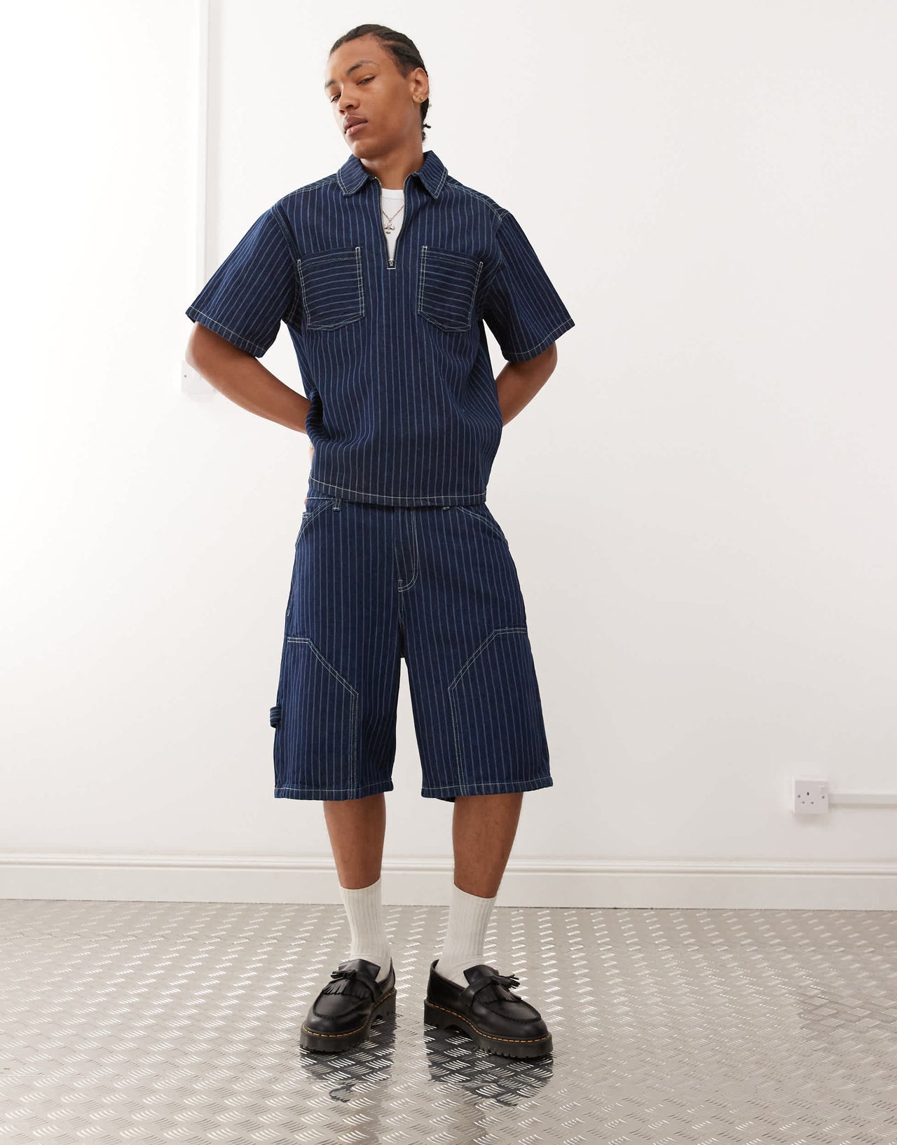 Reclaimed Vintage denim pinstripe boxy shirt co-ord with zip detail in blue