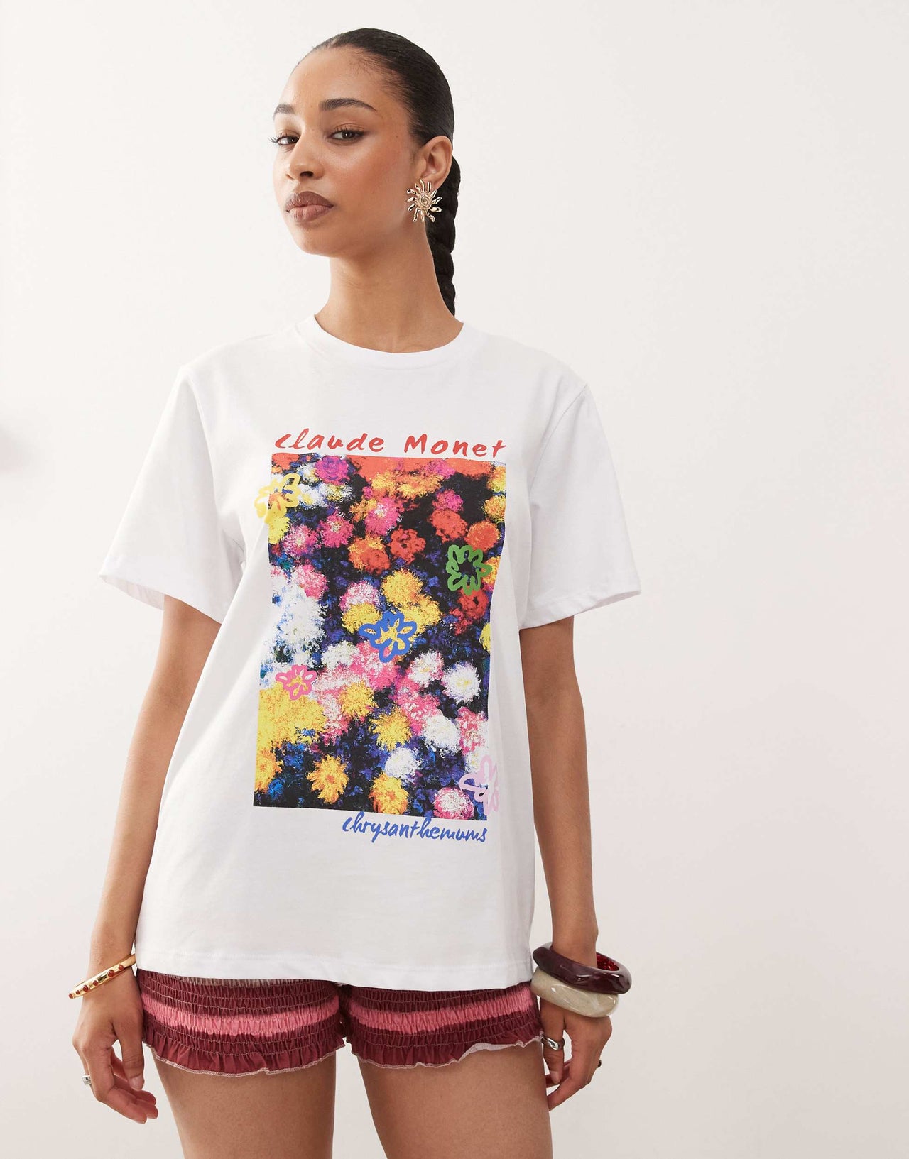 Reclaimed Vintage oversized t-shirt with licensed Monet flower print in white