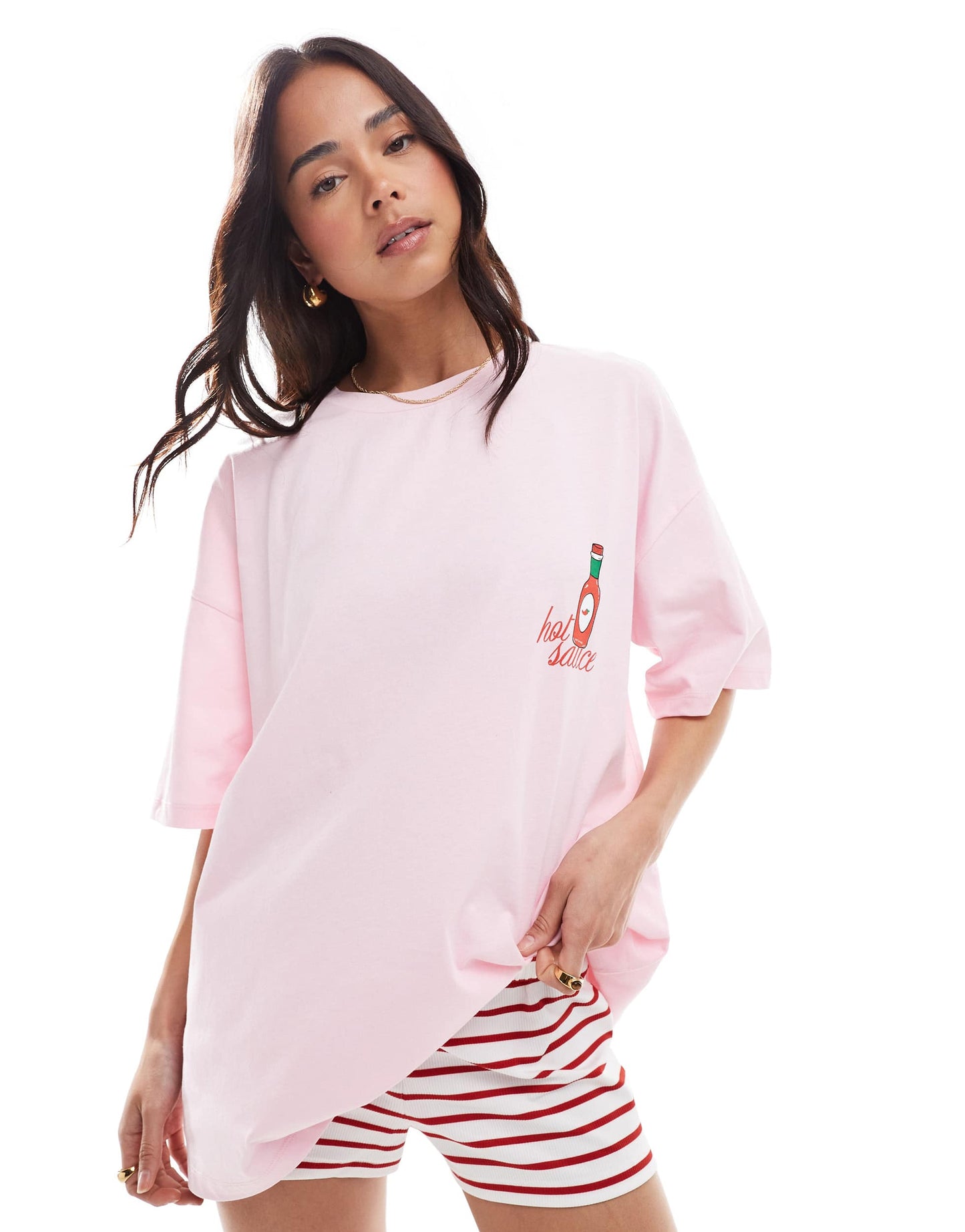 ASOS DESIGN oversized t shirt with hot sauce graphic in pink
