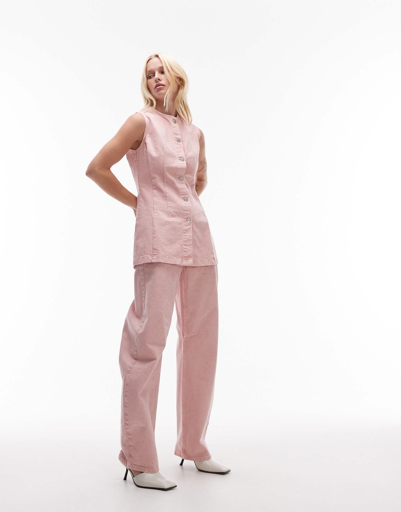 Topshop denim sleeveless waistcoat in washed pink