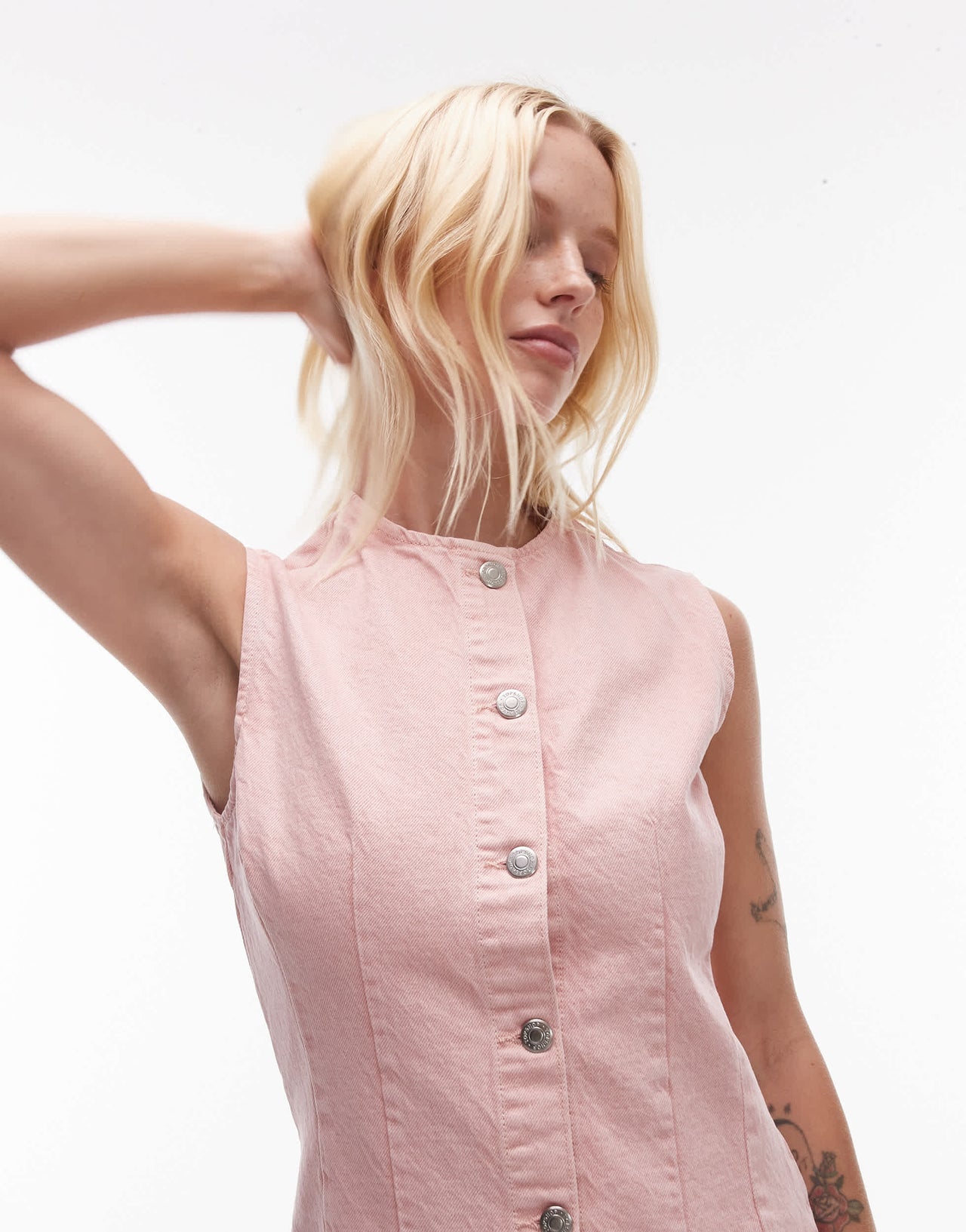 Topshop denim sleeveless waistcoat in washed pink