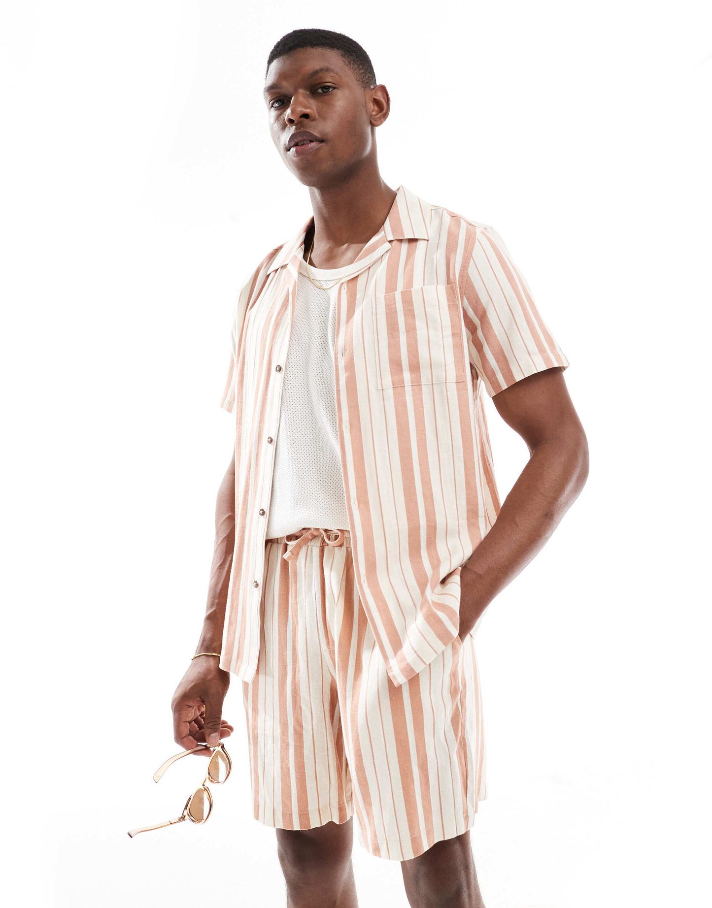 New Look linen look stripe shirt co-ord in stone