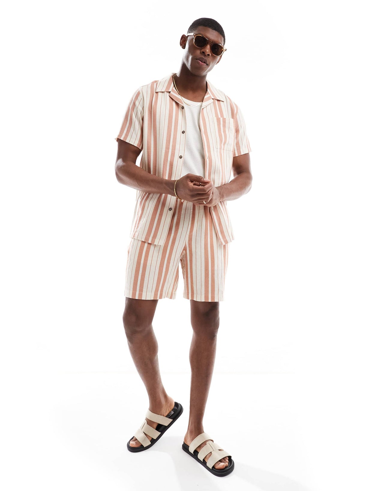 New Look linen look stripe shirt co-ord in stone