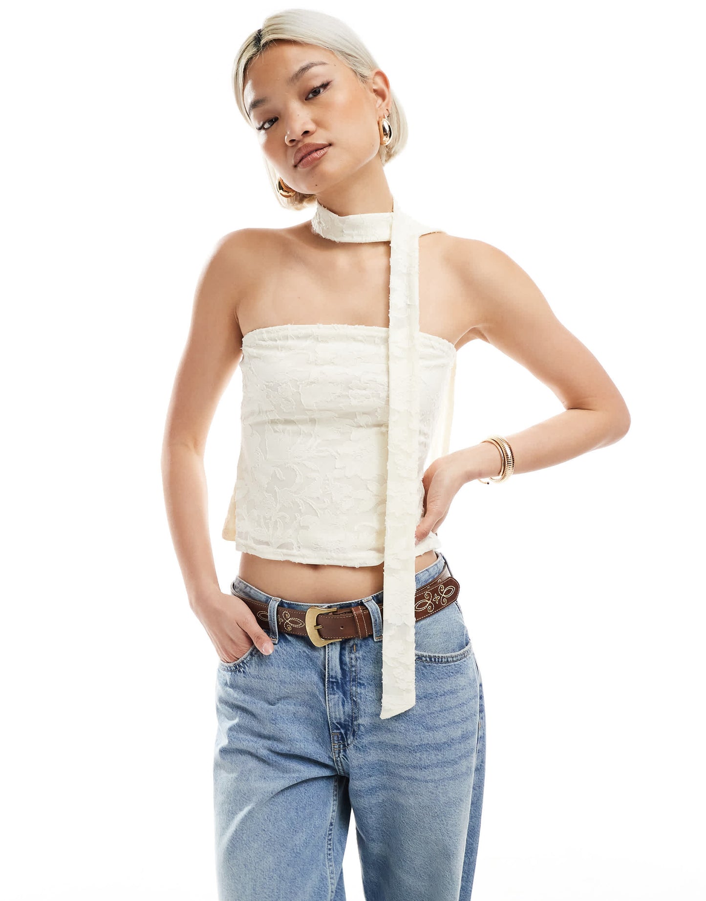 Miss Selfridge burnout textured bandeau scarf top in cream