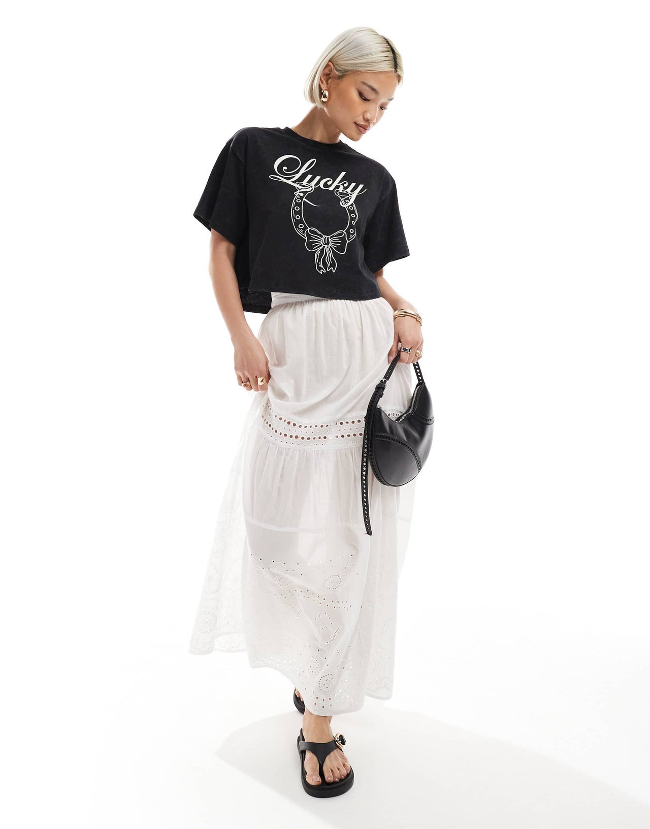 Miss Selfridge acid wash lucky horseshoe loose wide crop tee in black