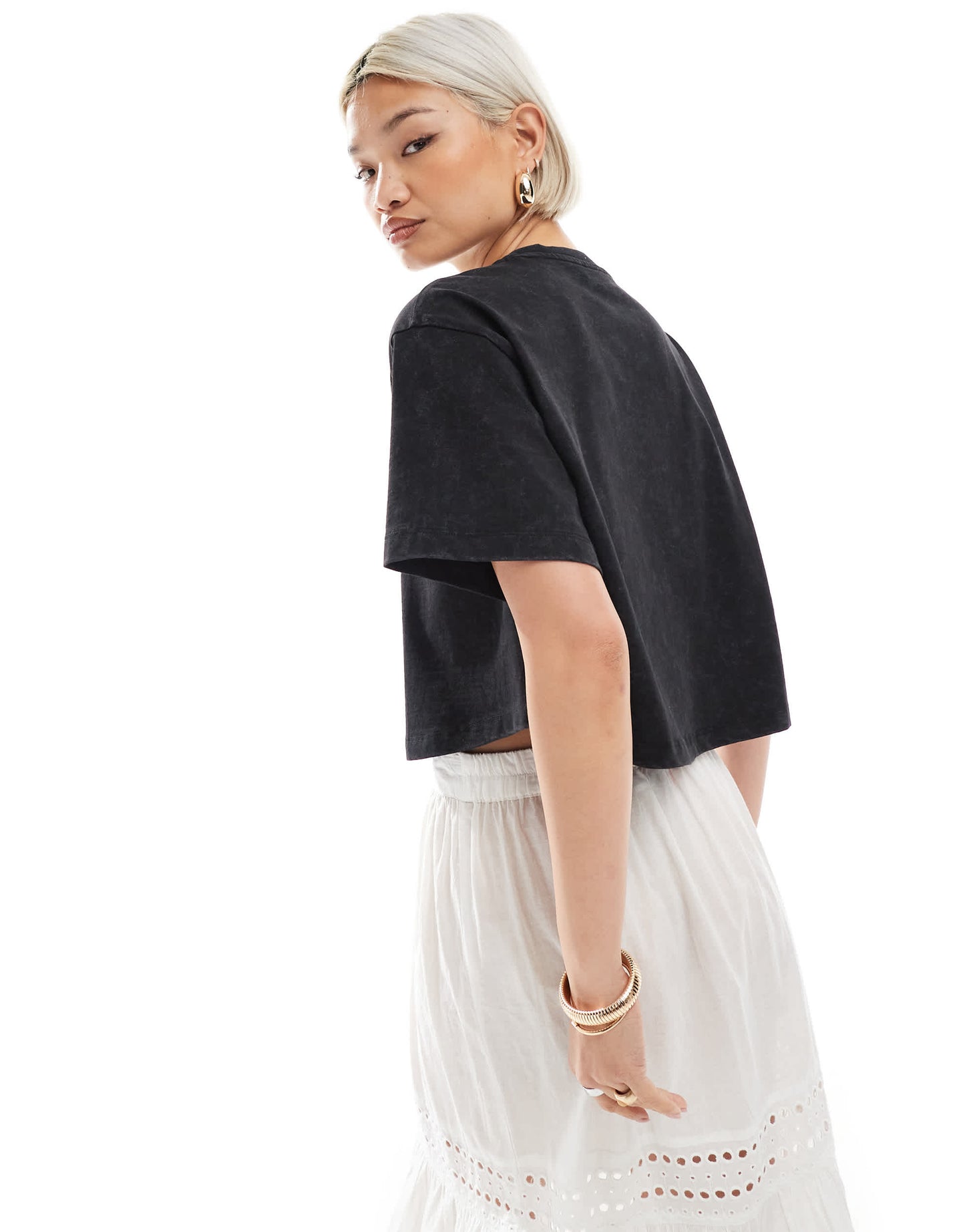 Miss Selfridge acid wash lucky horseshoe loose wide crop tee in black