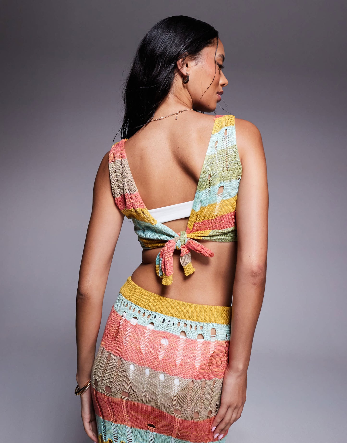 Missyempire beach distressed knit tie back bralet co-ord in multi stripe