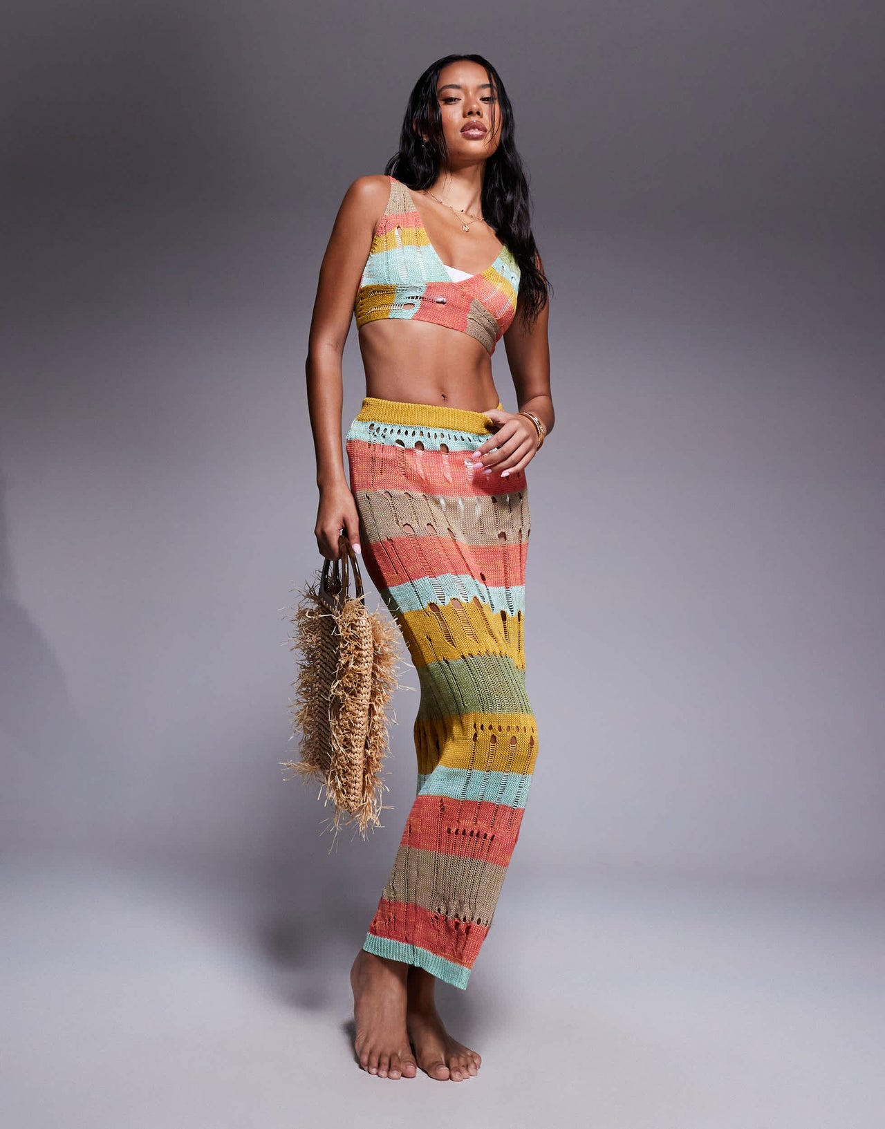 Missyempire beach distressed knit tie back bralet co-ord in multi stripe