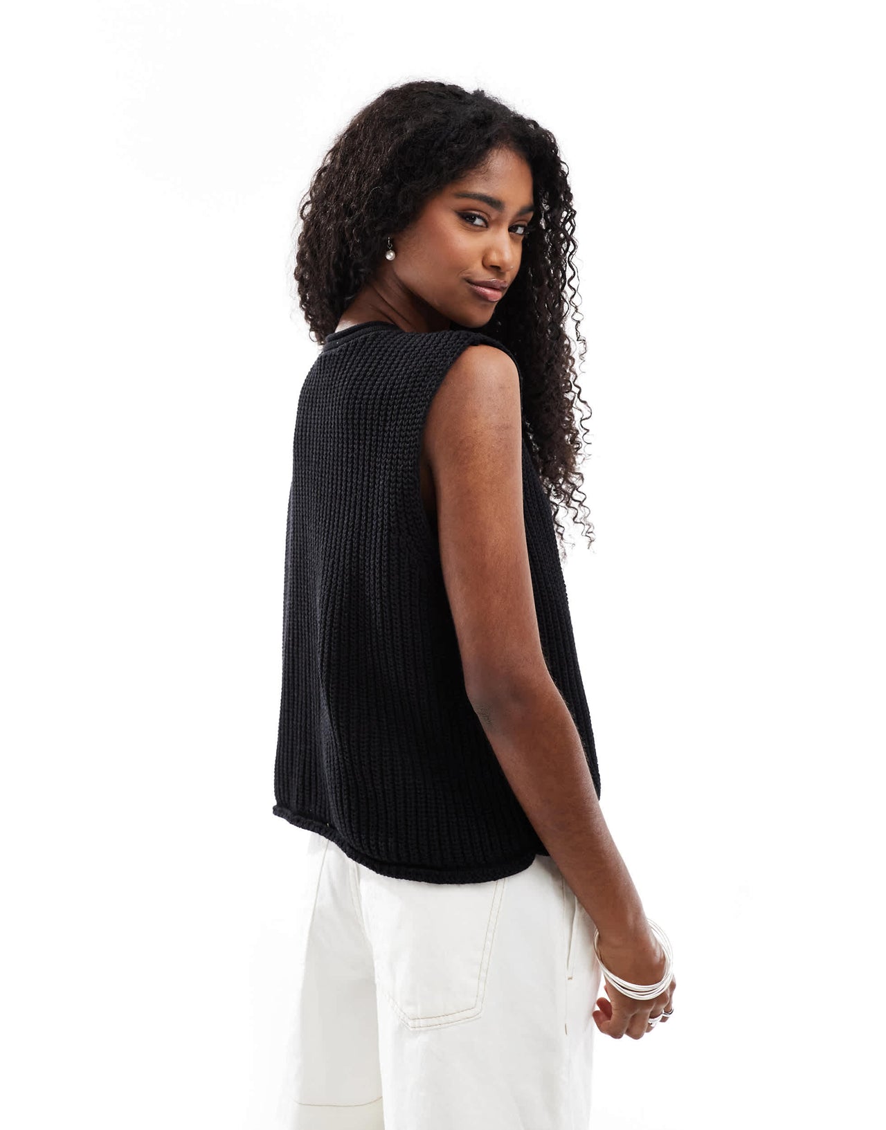 ASOS DESIGN knitted boxy waistcoat with multi shell buttons in black