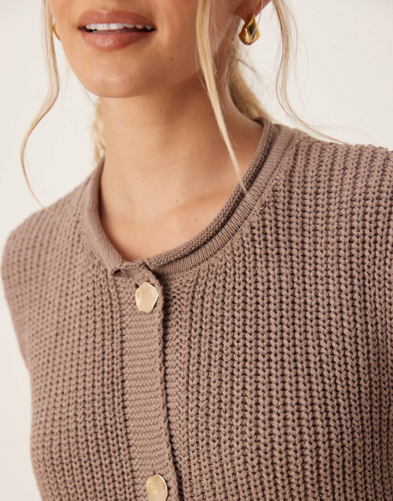 ASOS DESIGN knitted boxy waistcoat with gold buttons in mocha