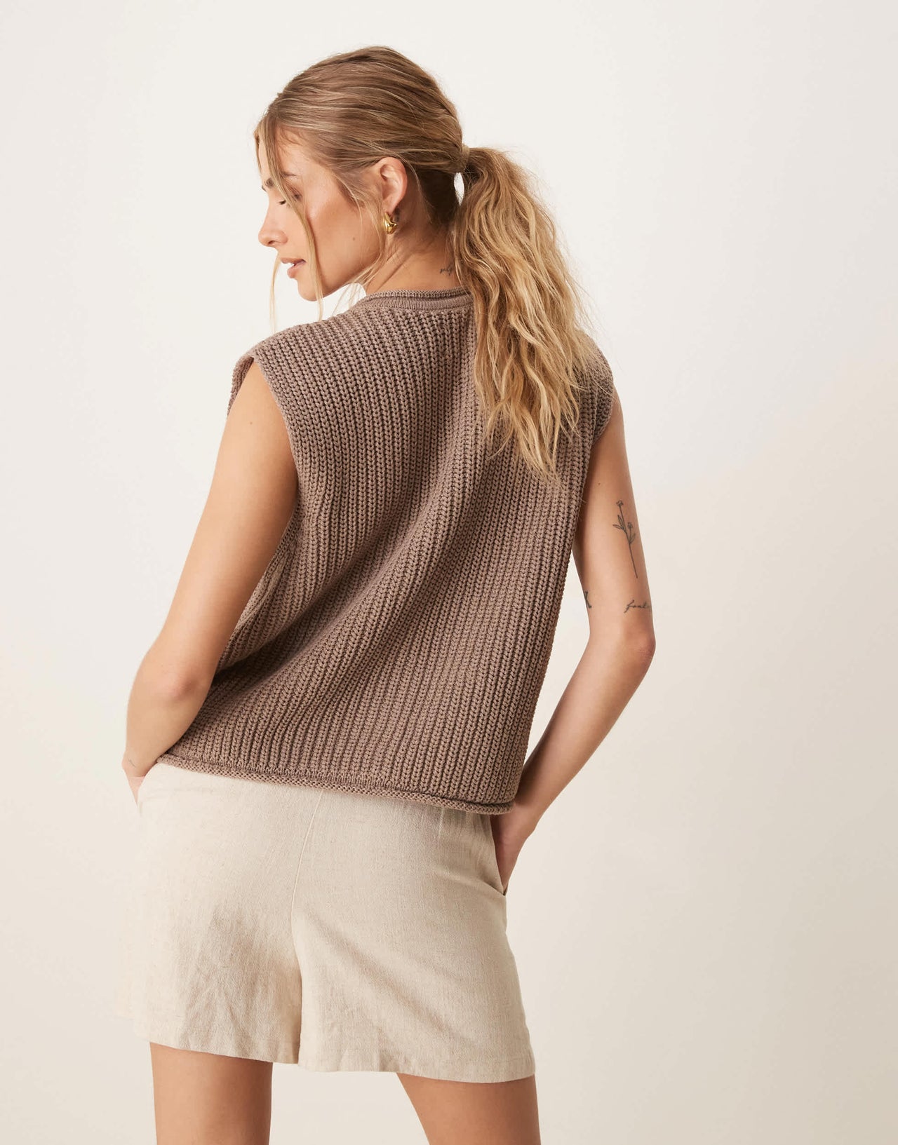 ASOS DESIGN knitted boxy waistcoat with gold buttons in mocha