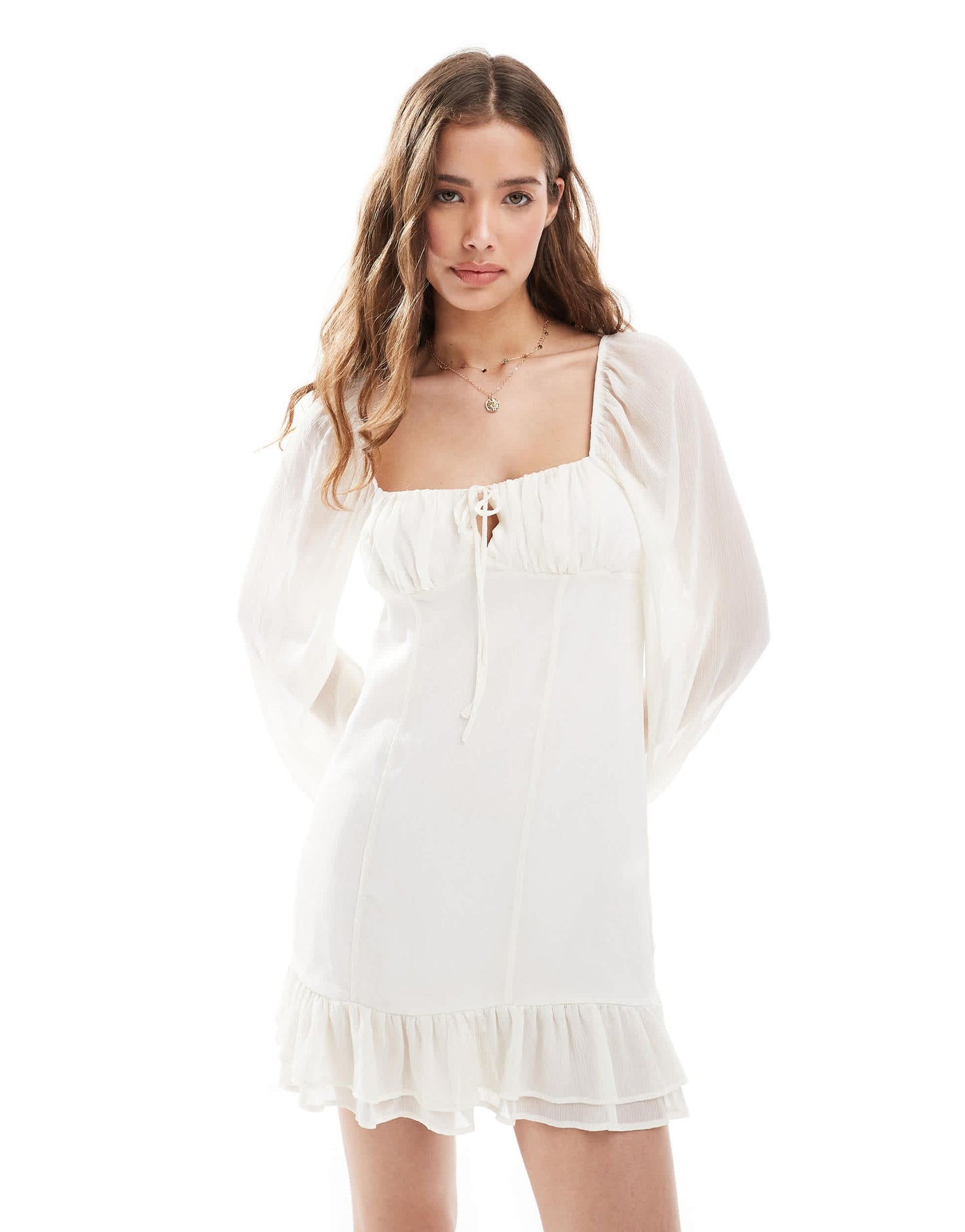 Pull&Bear long sleeve ruffle mini dress in white