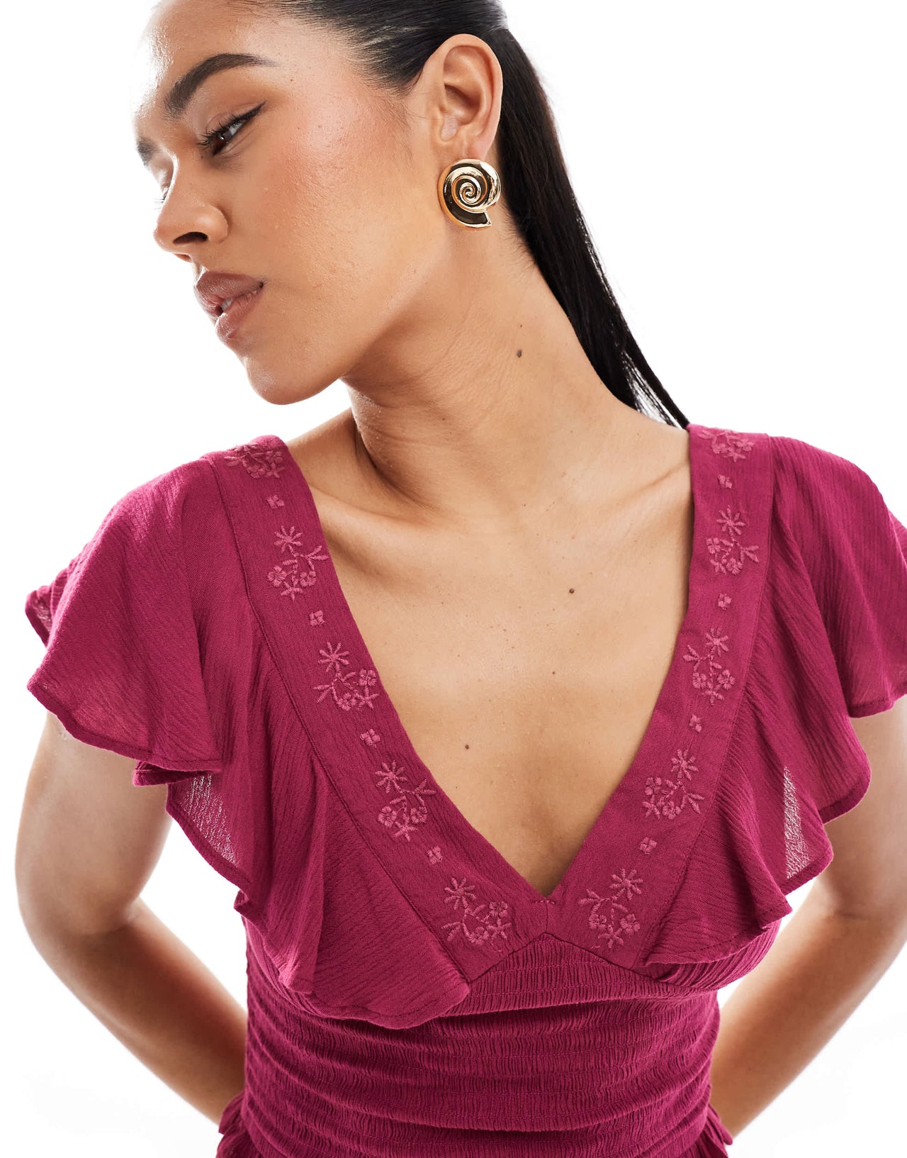 Stradivarius ruffle detail v neck top in raspberry
