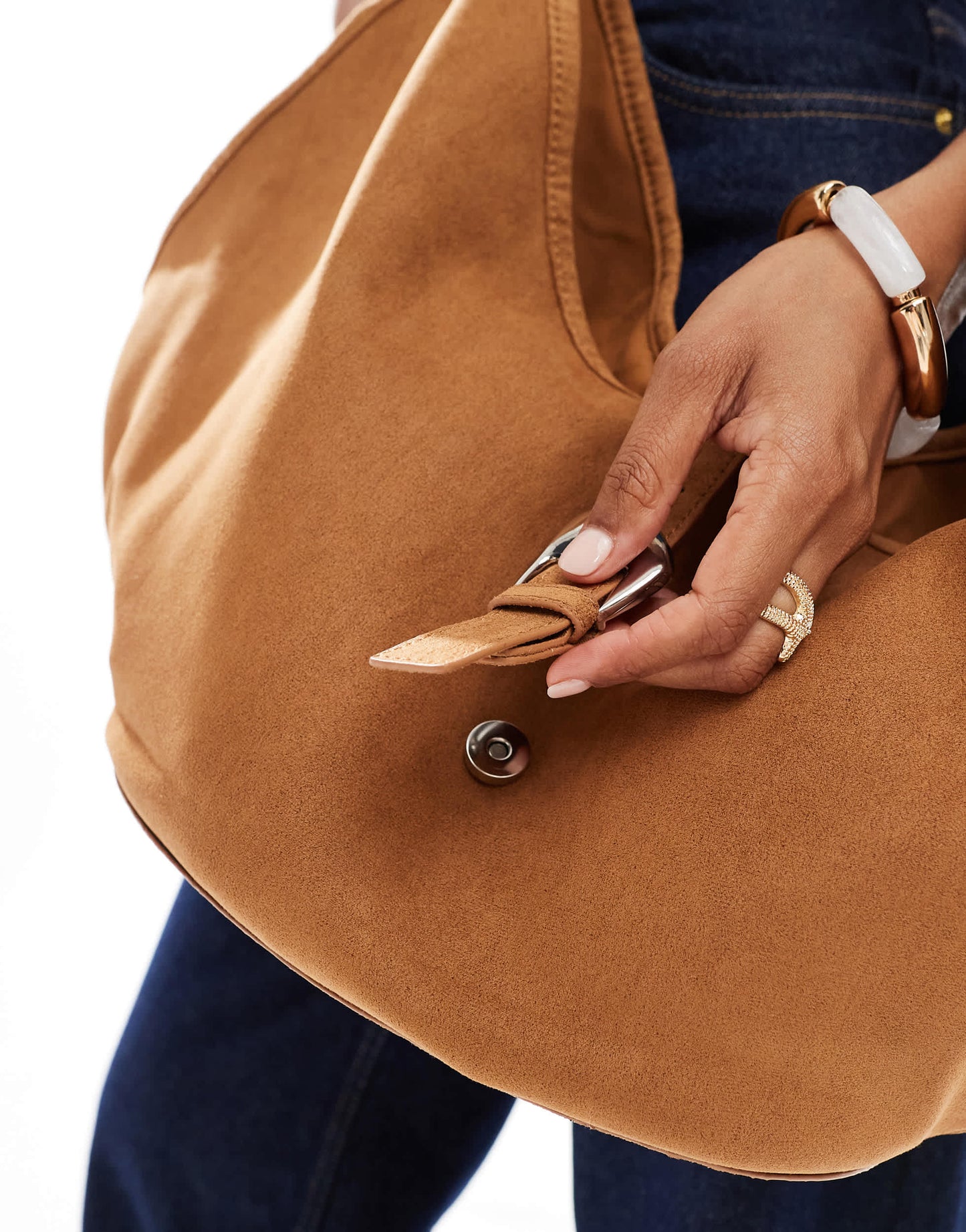 Stradivarius slouchy faux suede buckle detail bag in tan