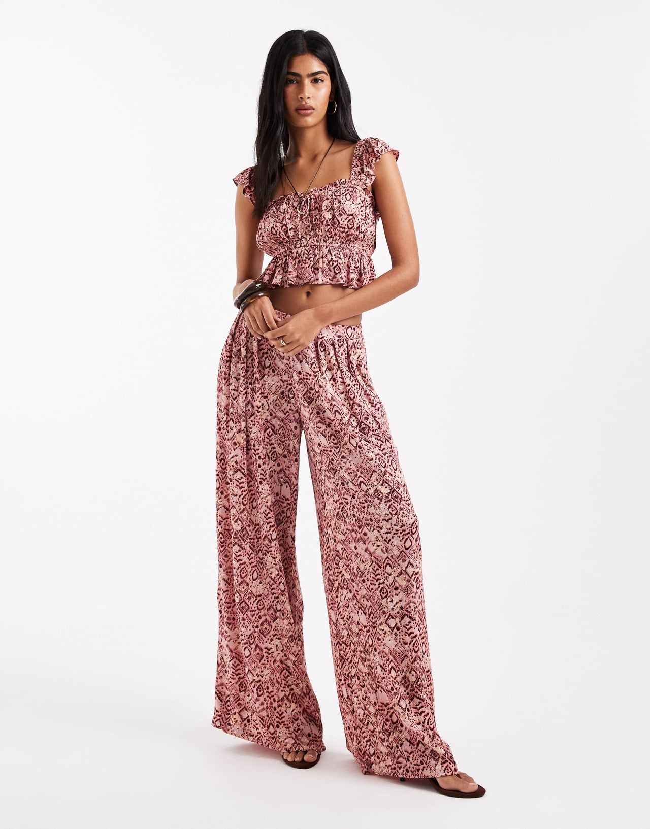 Stradivarius cropped milkmaid top co-ord in pink paisley print