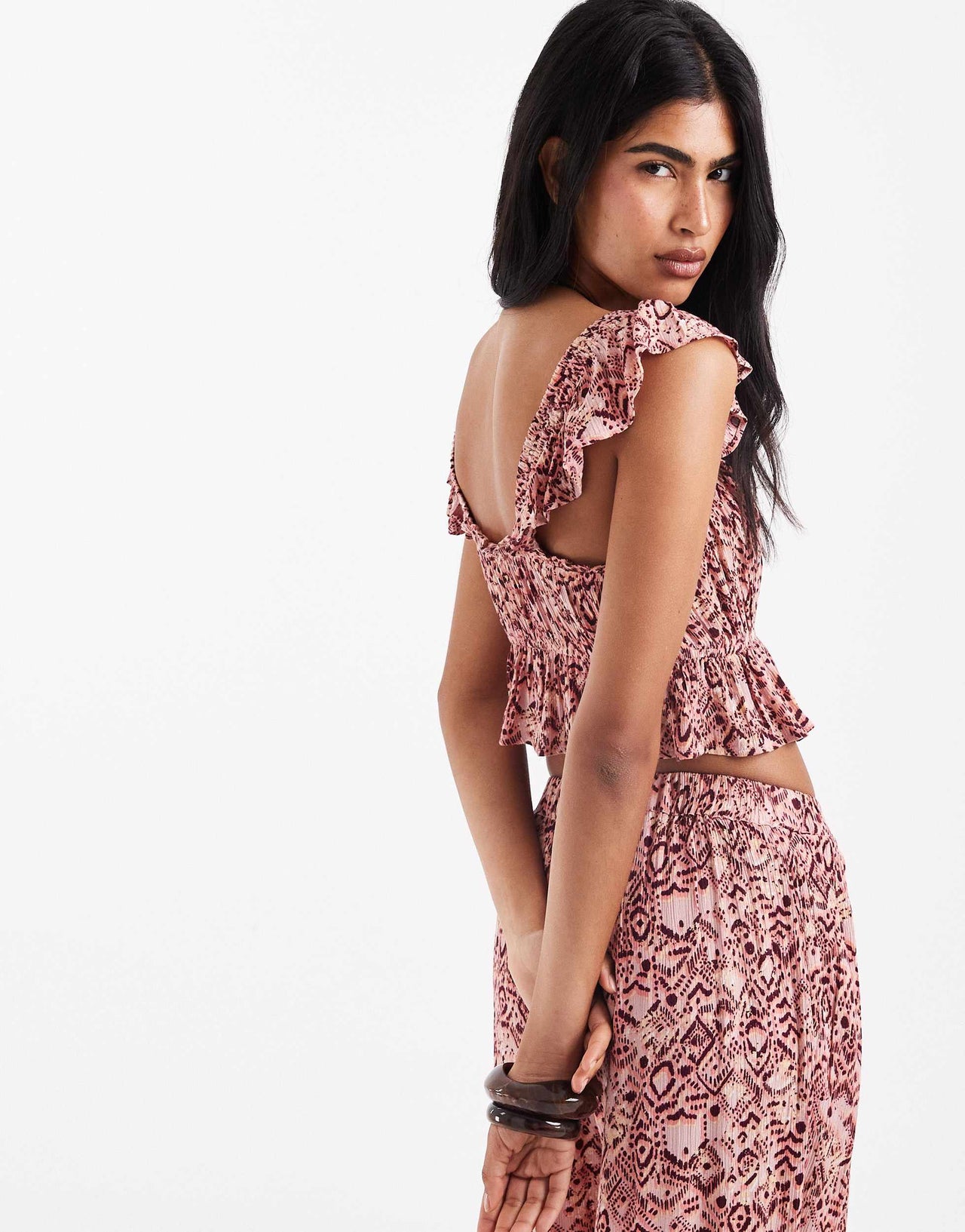 Stradivarius cropped milkmaid top co-ord in pink paisley print