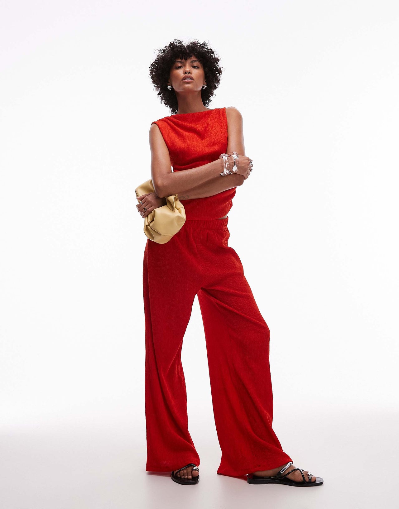 Topshop textured wide leg trousers in red