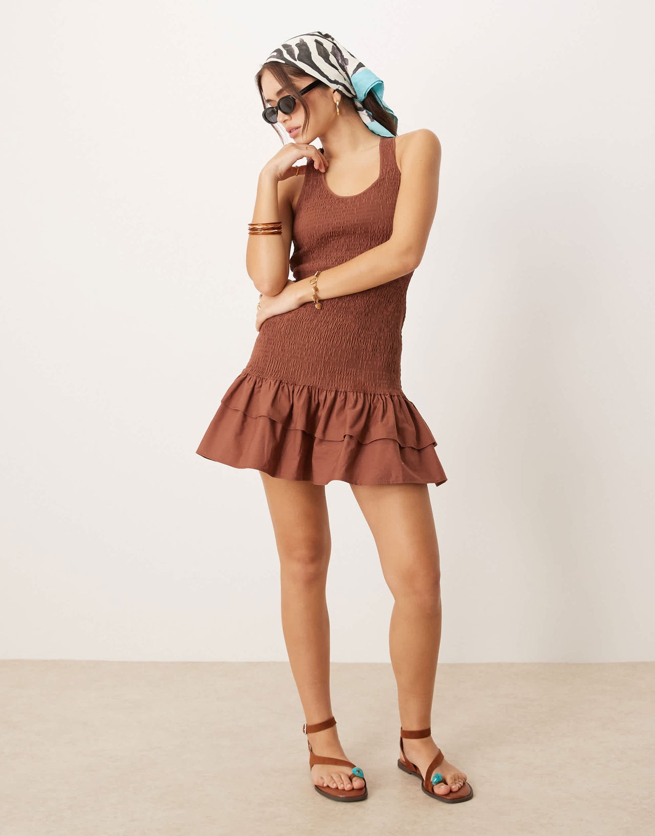 ASOS DESIGN racer shirred ruffle hem mini dress in chocolate
