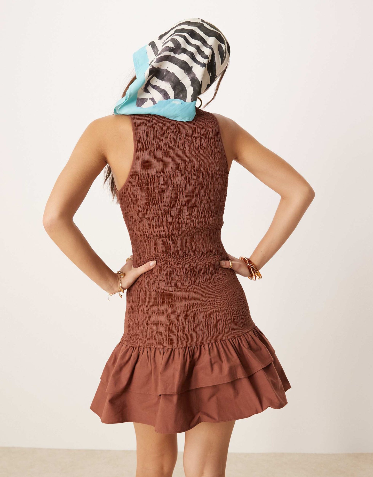 ASOS DESIGN racer shirred ruffle hem mini dress in chocolate